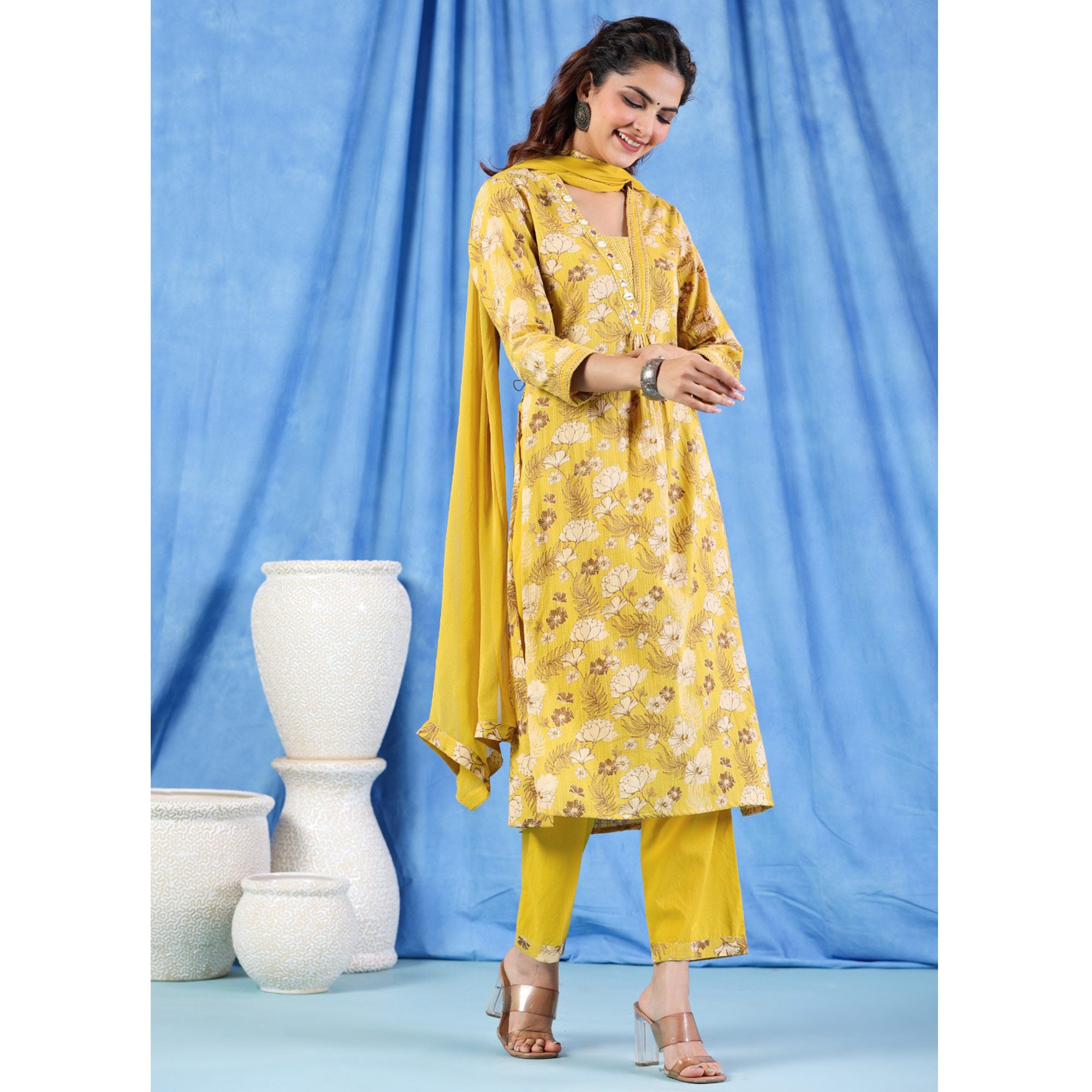 Yellow Floral Printed Pure Cotton Suit