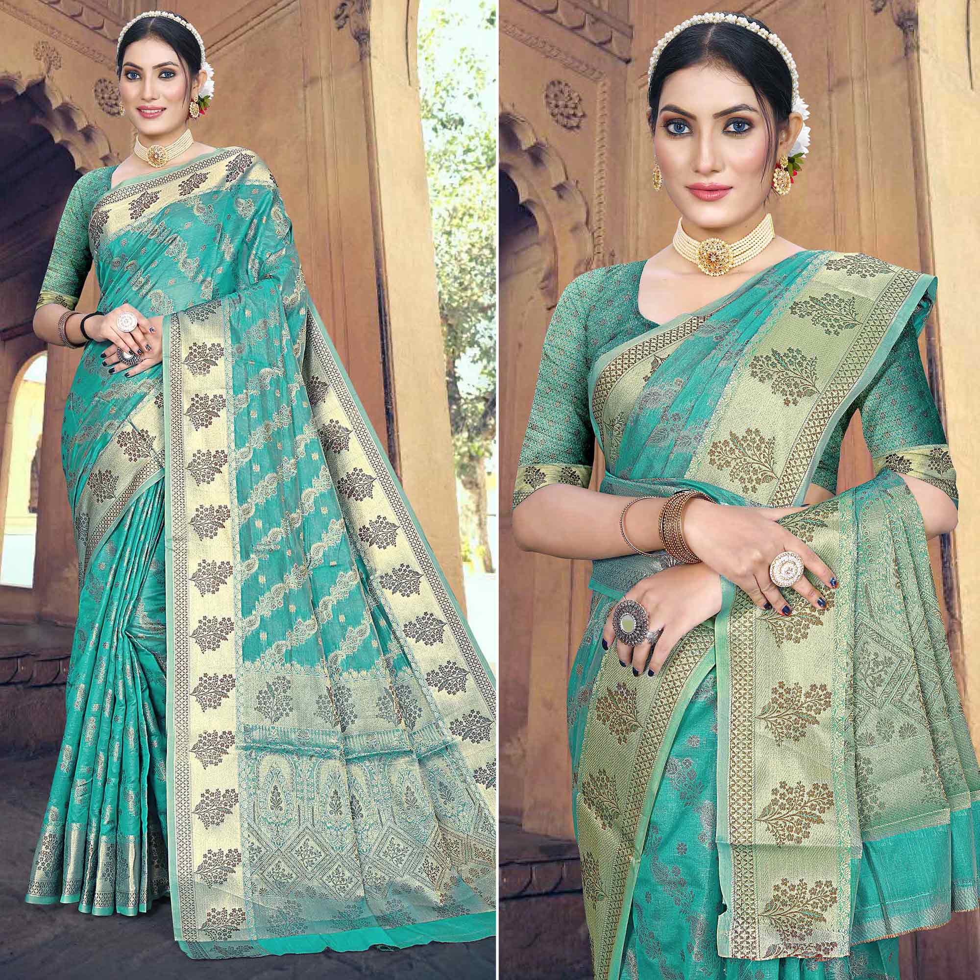 Rama Green Floral Woven Organza Saree