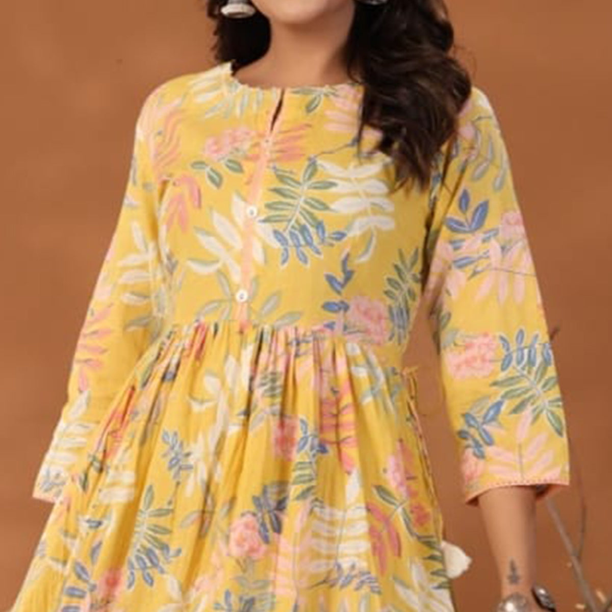 Yellow Floral Printed Pure Cotton Dress