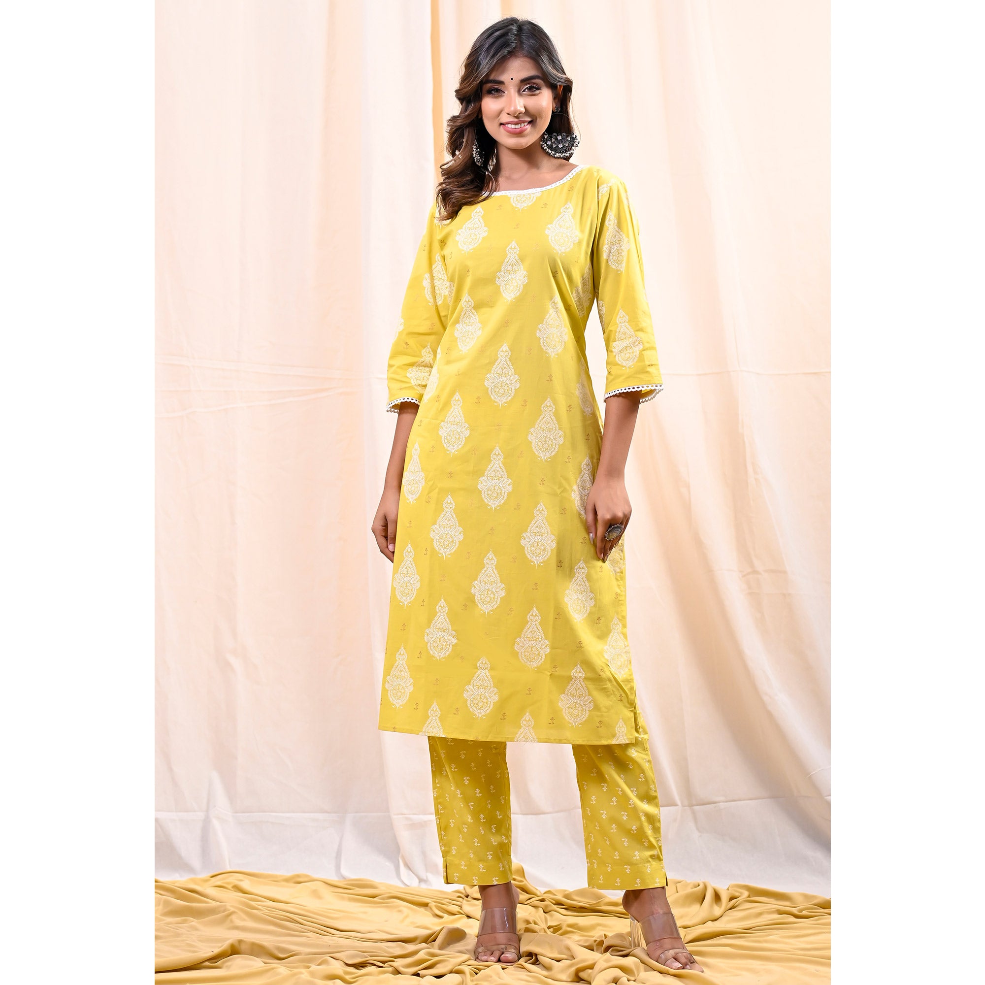 Yellow Printed Pure Cotton Salwar Suit