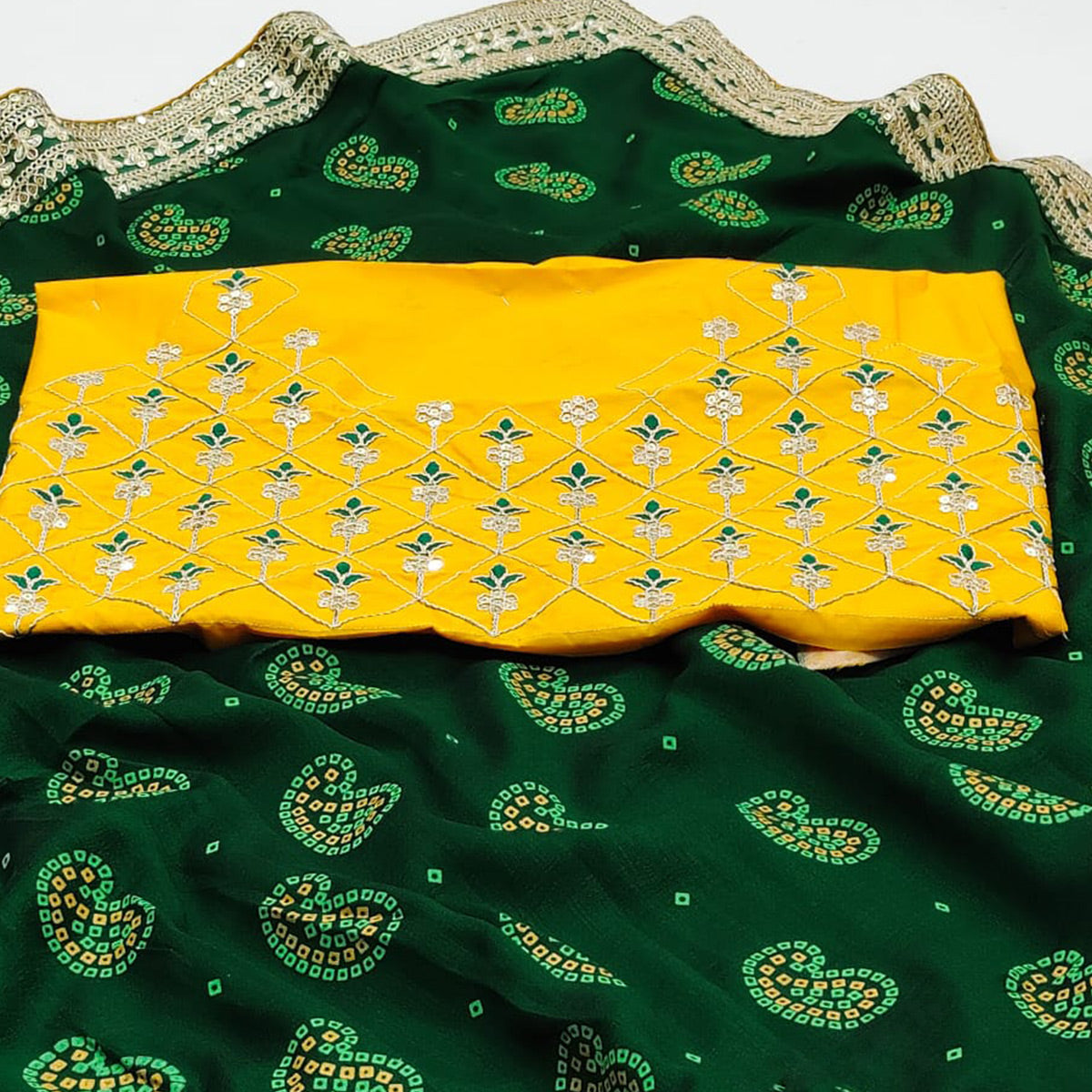 Green Bandhani Printed With Sequins Embroidered Vichitra Silk Saree