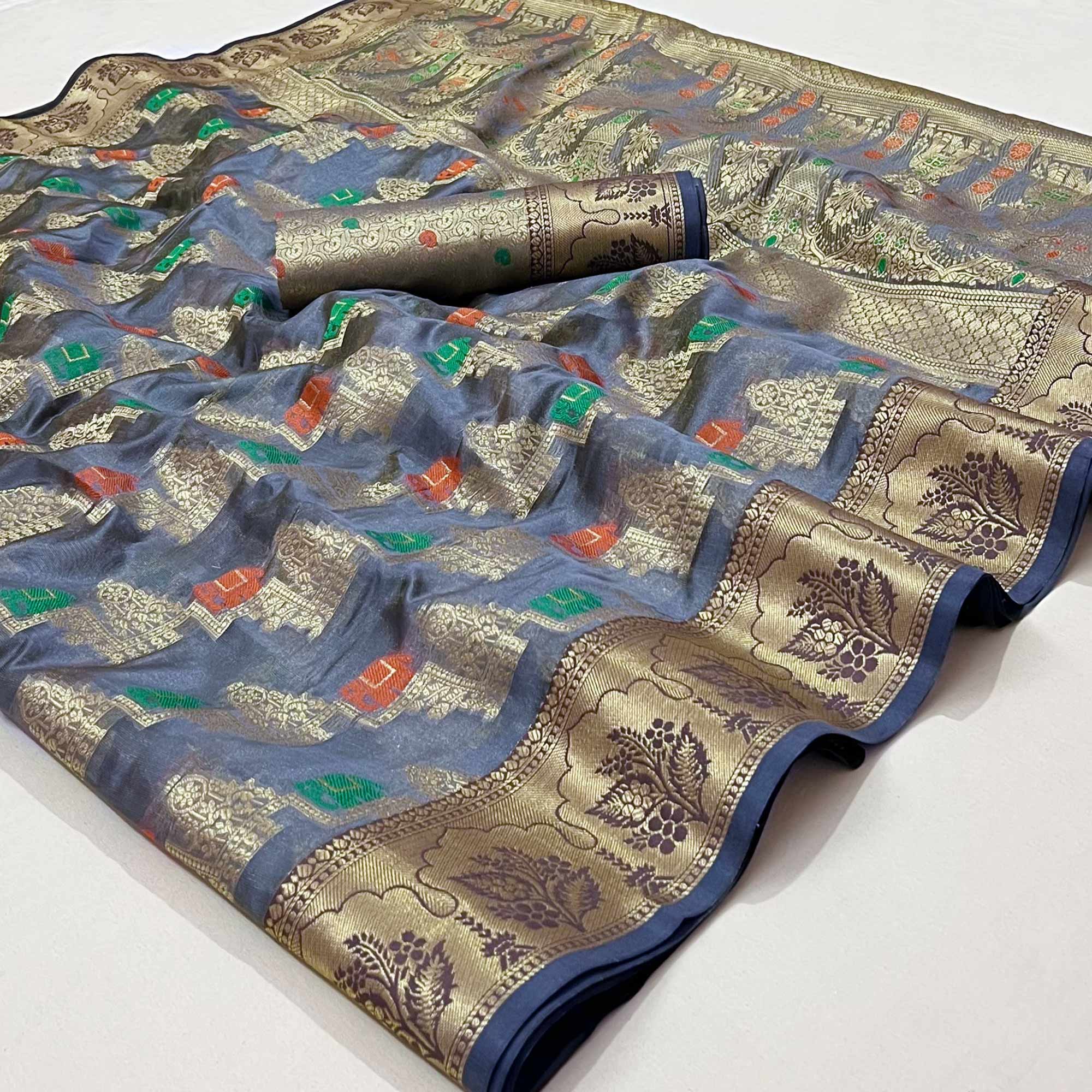 Grey Woven Organza Saree