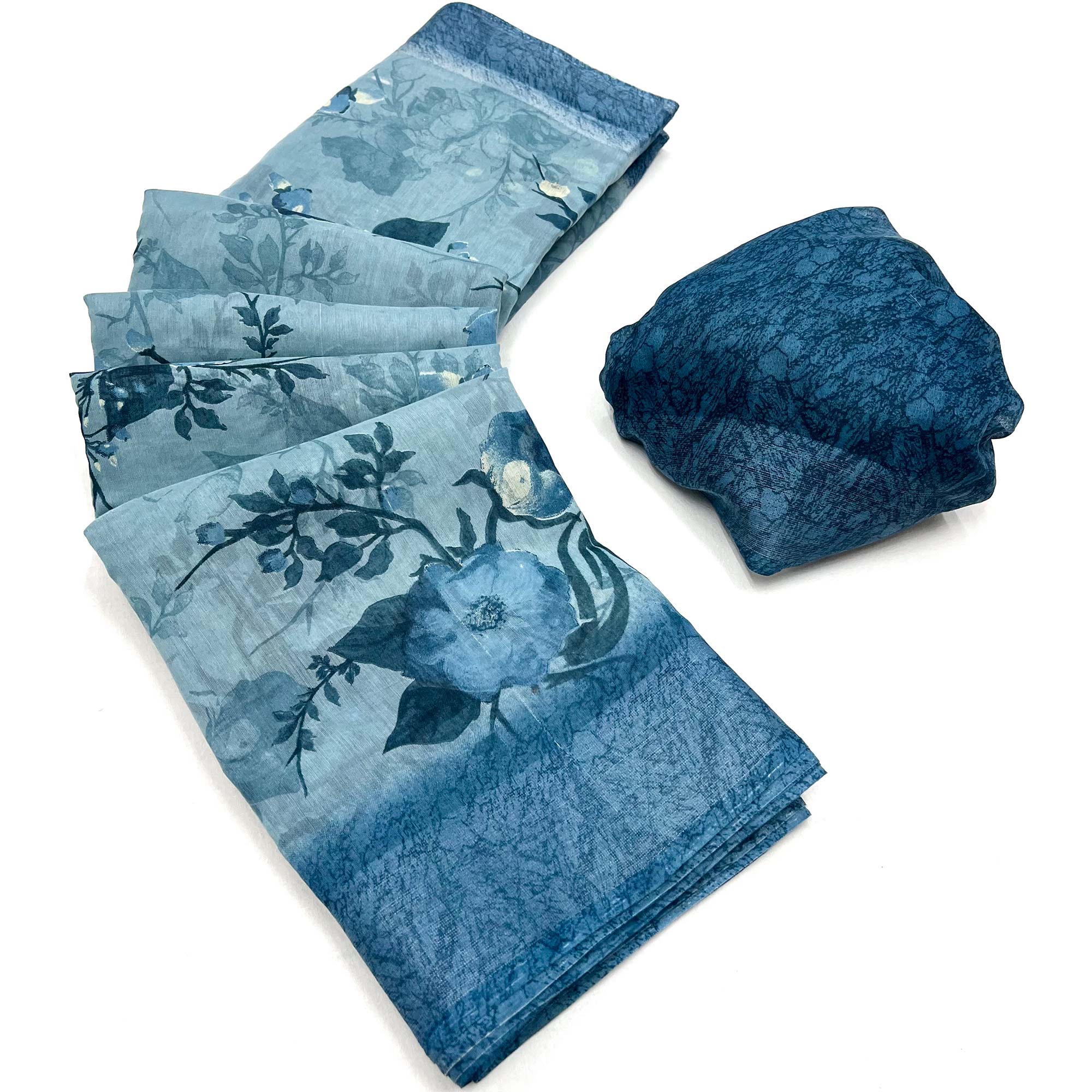 Blue Floral Printed Linen Saree