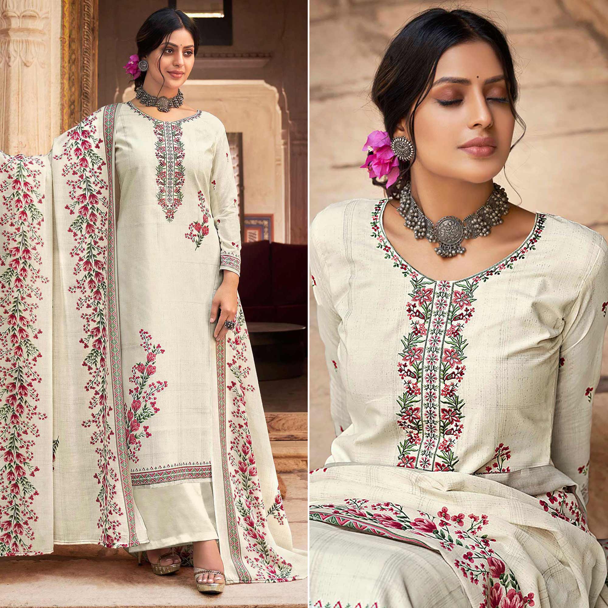 Offwhite Floral Printed With Embroidered Pure Cotton Palazzo Suit