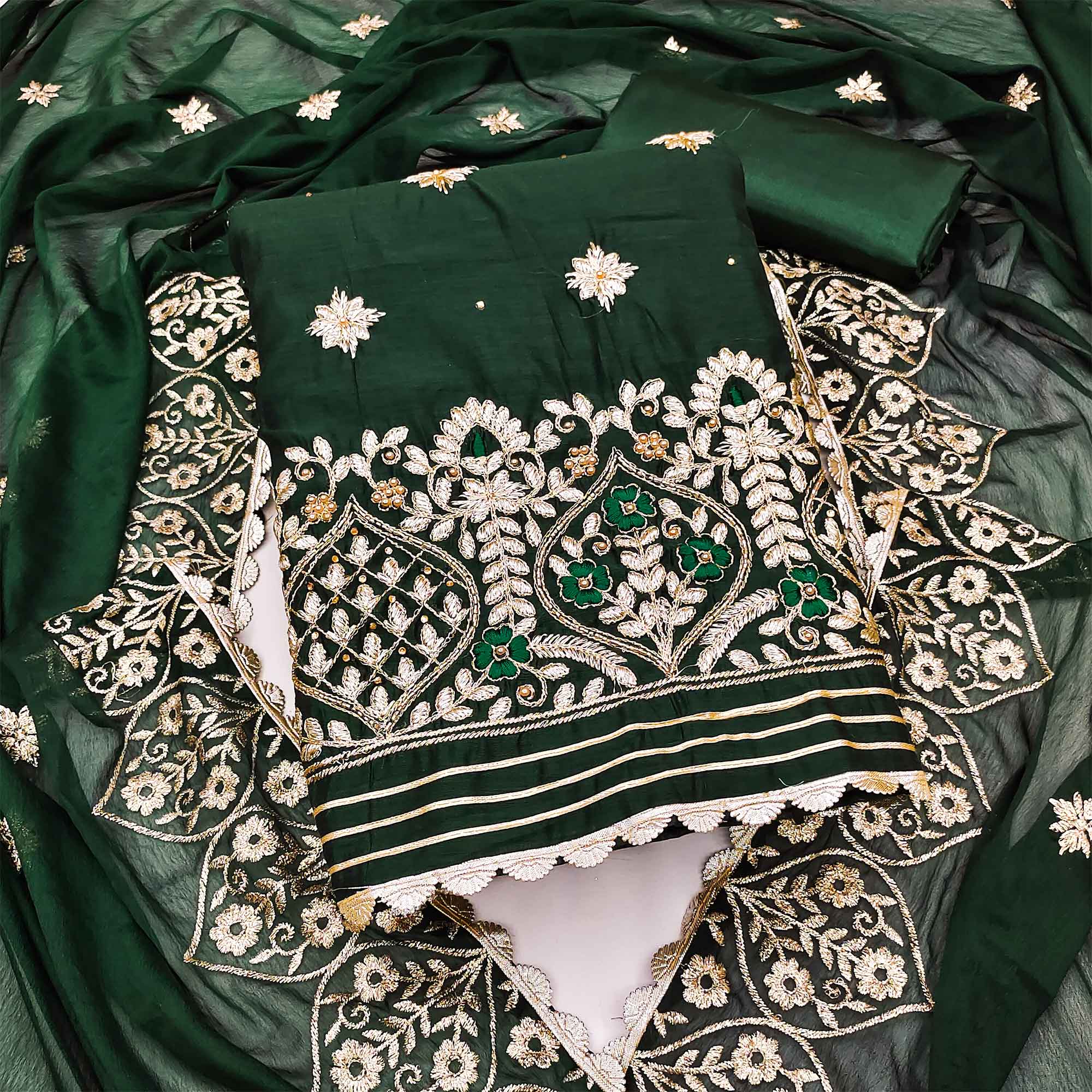 Green Floral Embroidered Modal Dress Material