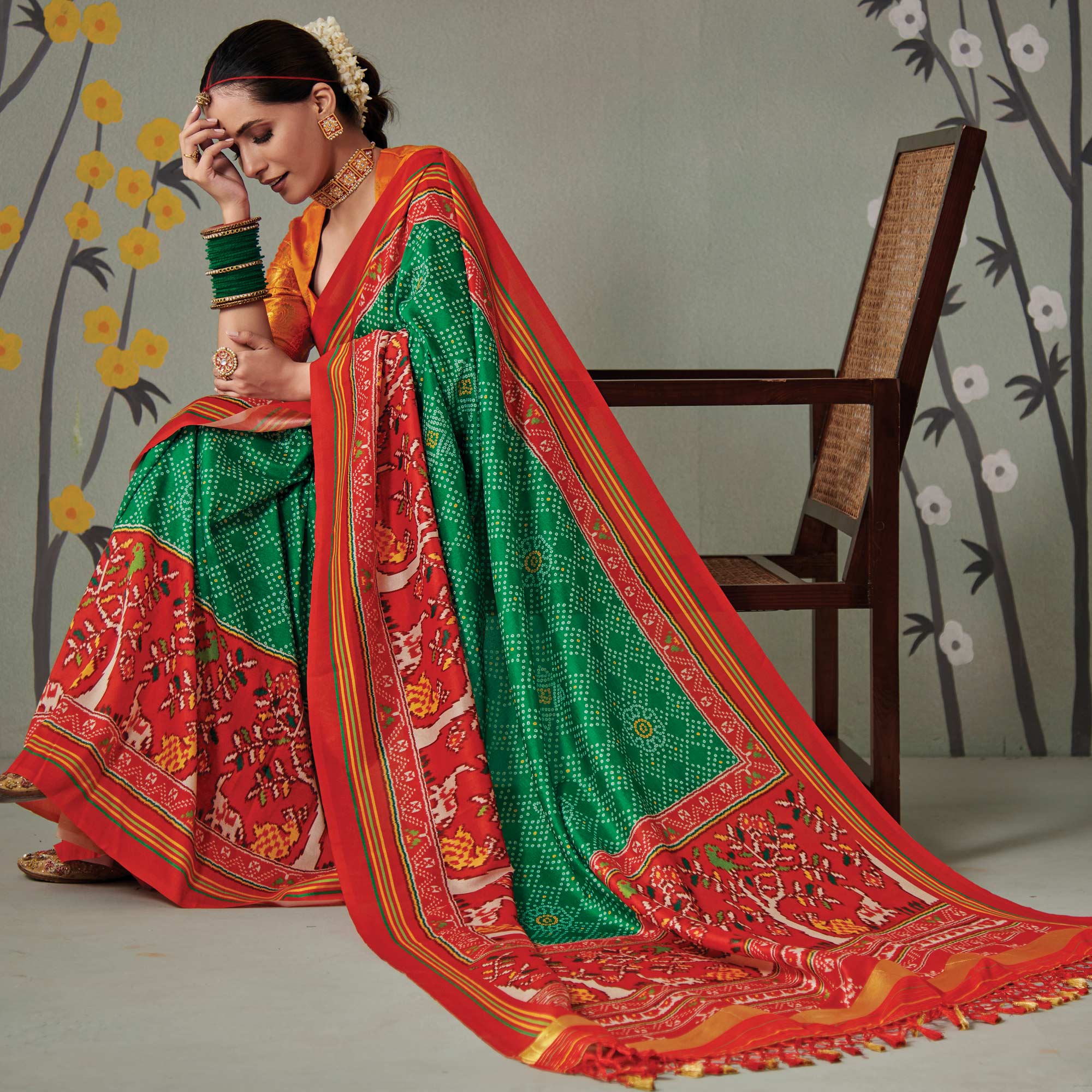 Green Printed Patola Art Silk Saree With Tassels