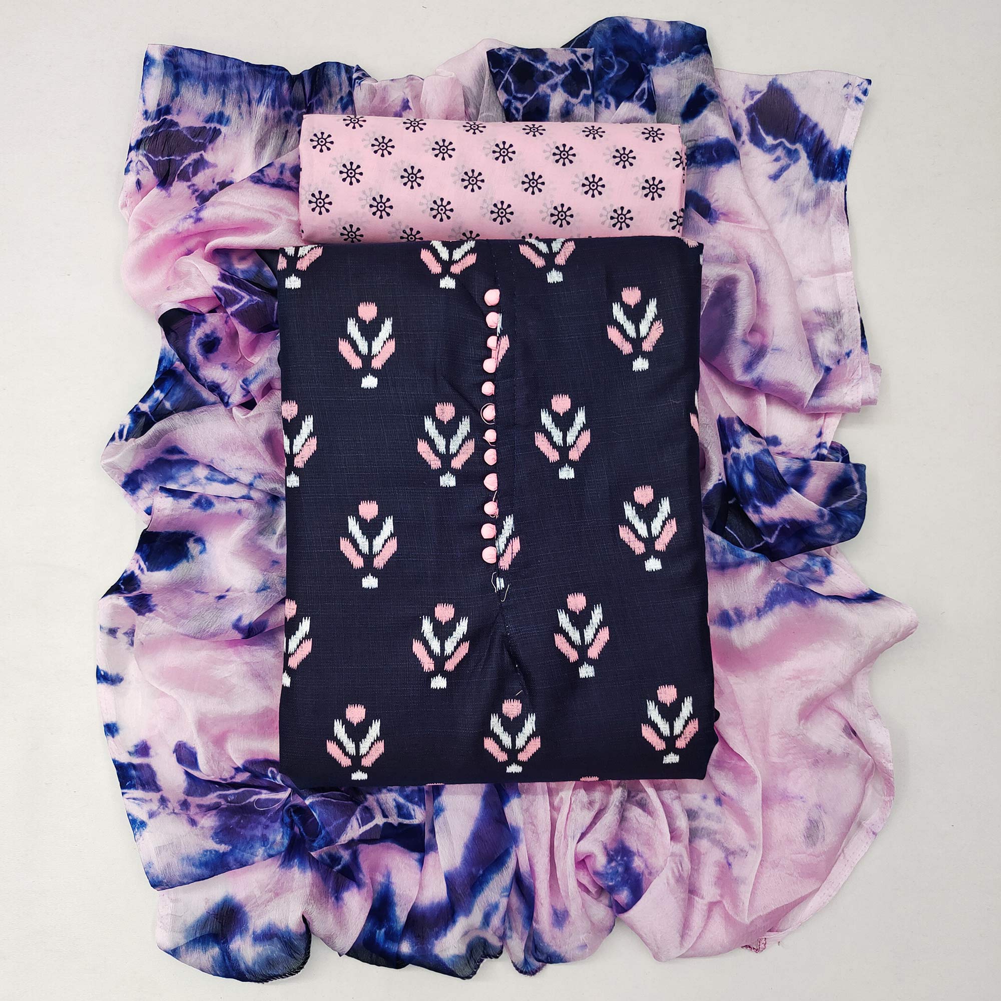 Navy Blue Ikkat Printed Cotton Blend Dress Material