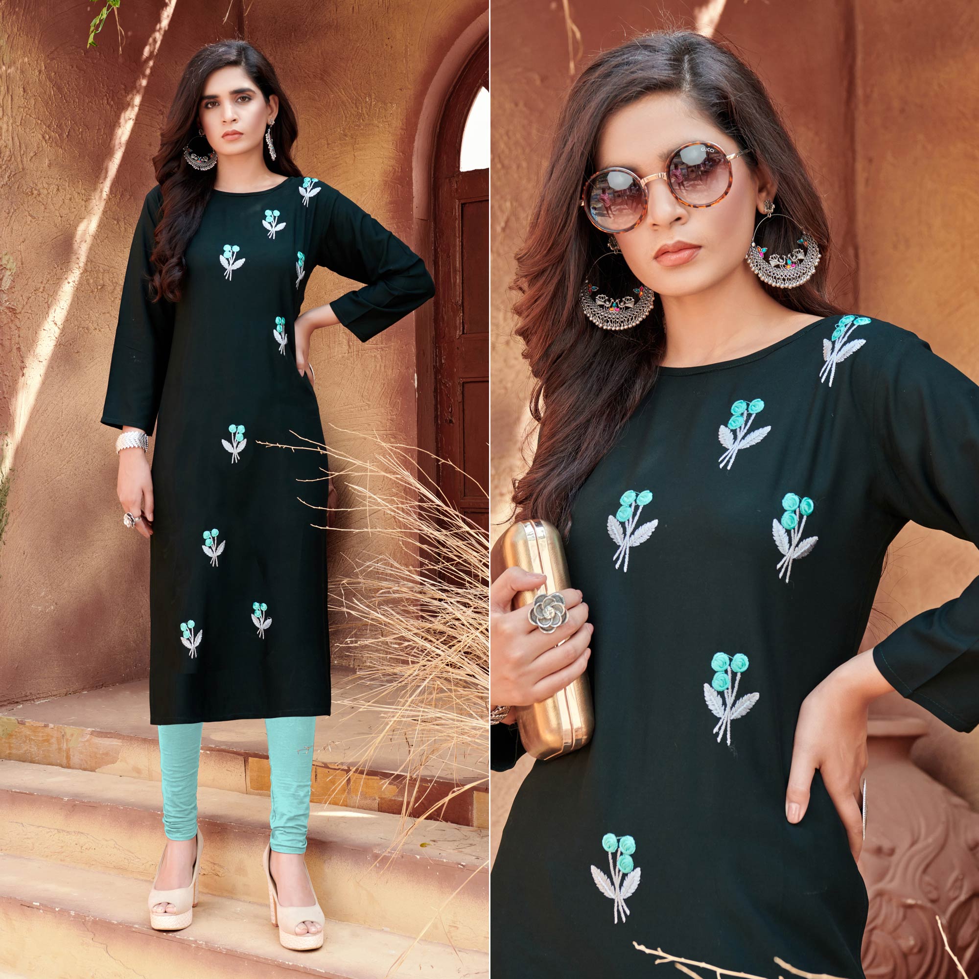 Black Floral Embroidered Rayon Kurti