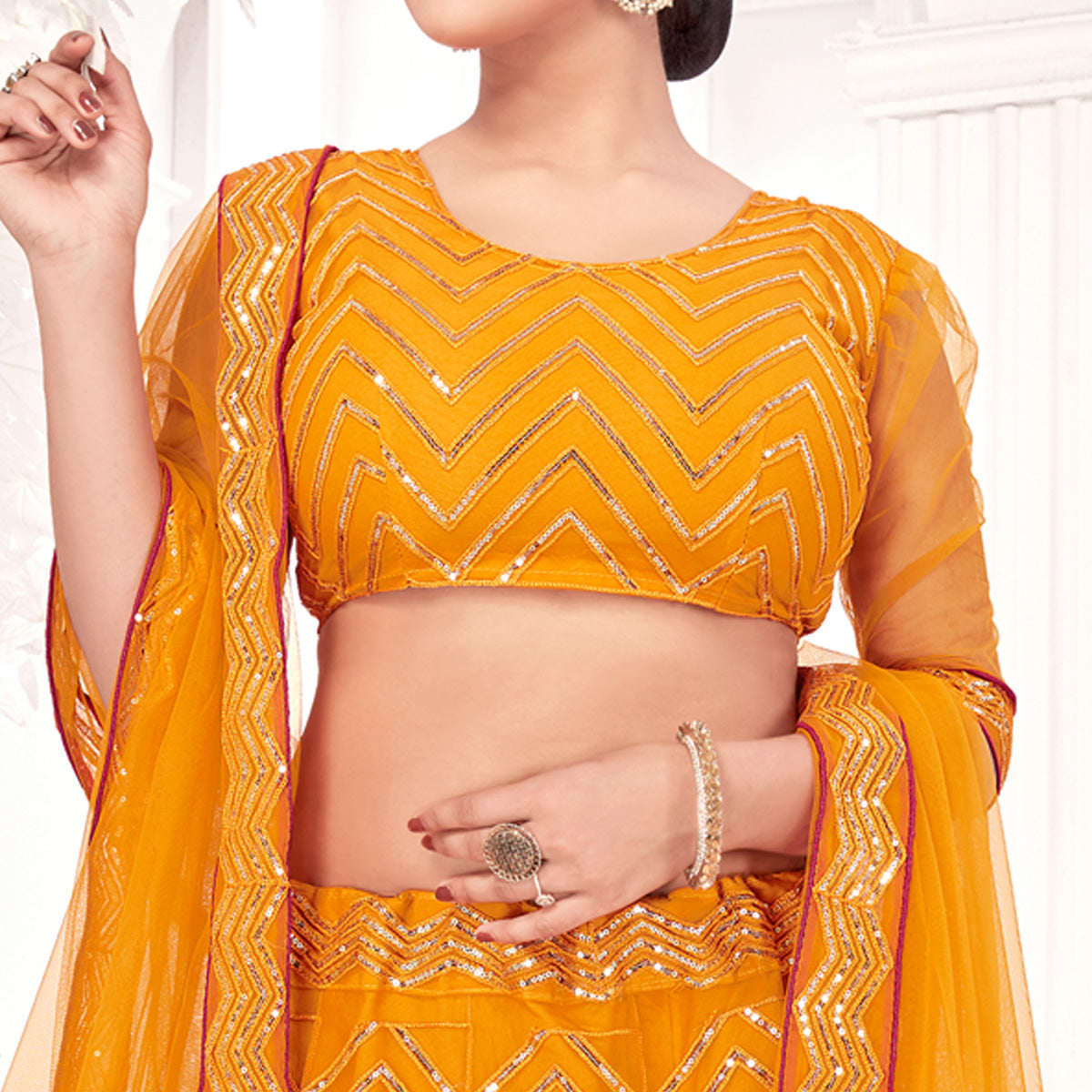 Mustard Sequins Embroidered Netted Lehenga Choli