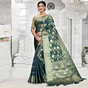 Teal Blue Floral Woven Organza Saree With Tassels