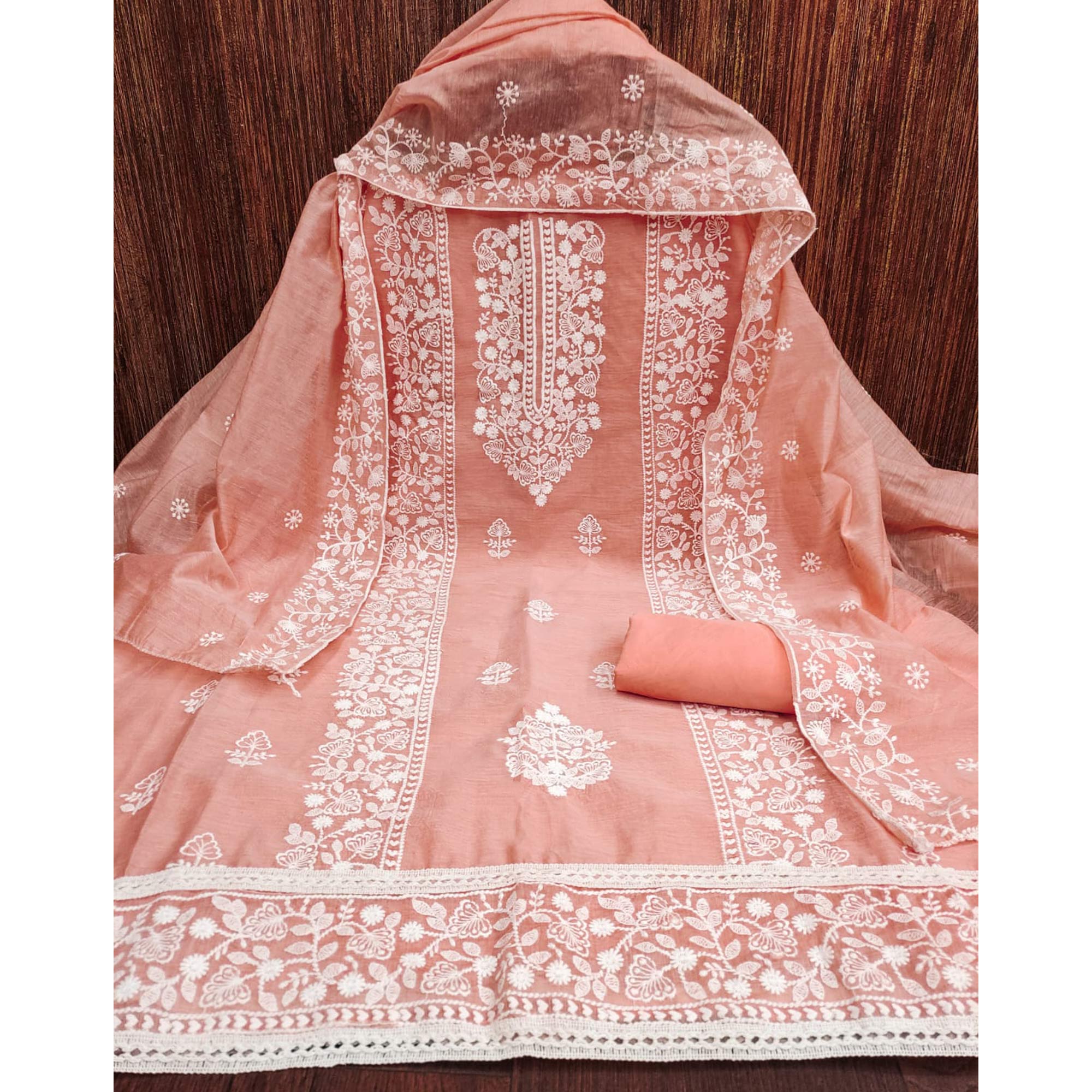 Peach Floral Embroidered Chanderi Dress Material