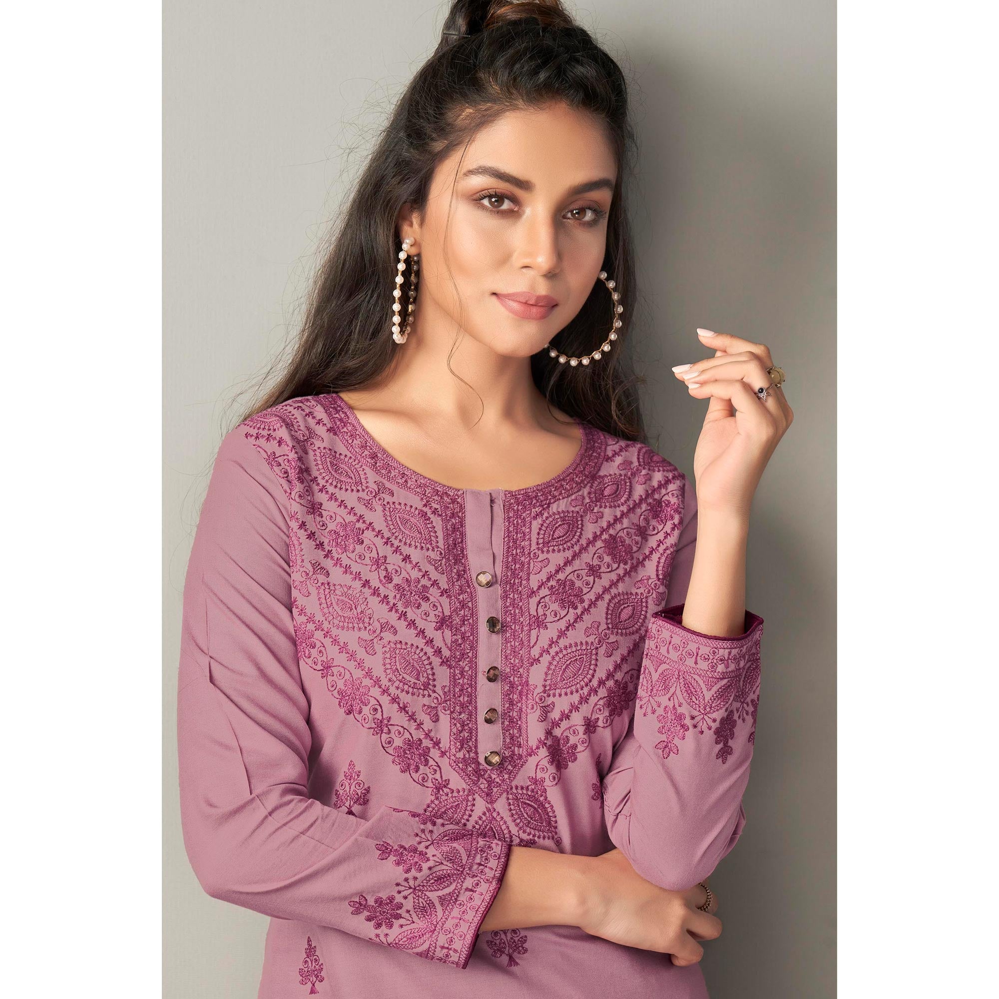 Mauve Lucknowi Embroidered Rayon Kurti