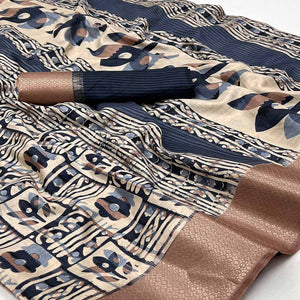 Navy Blue Printed With Woven Border Dola Silk Saree