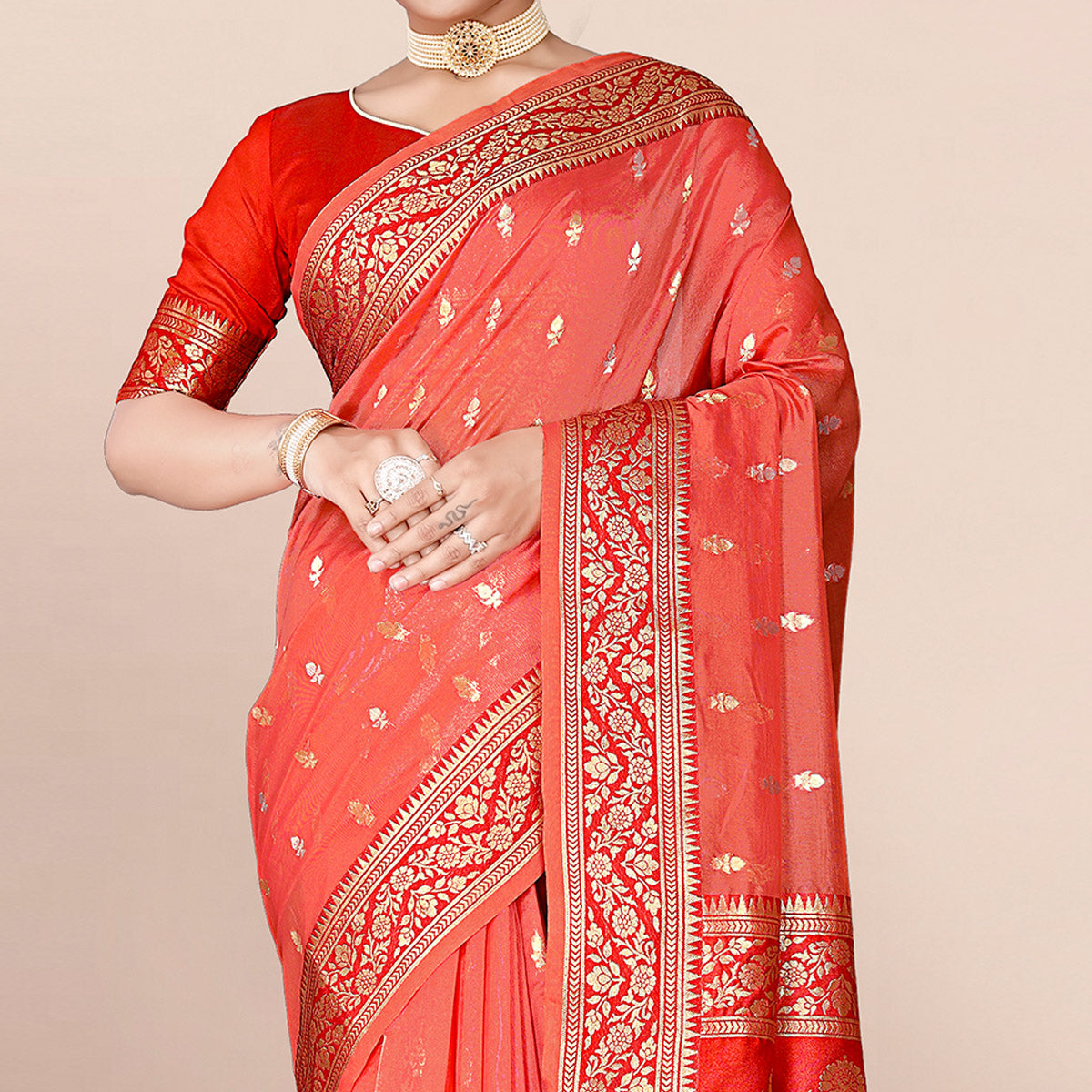 Pink Woven Organza Saree With Tassels