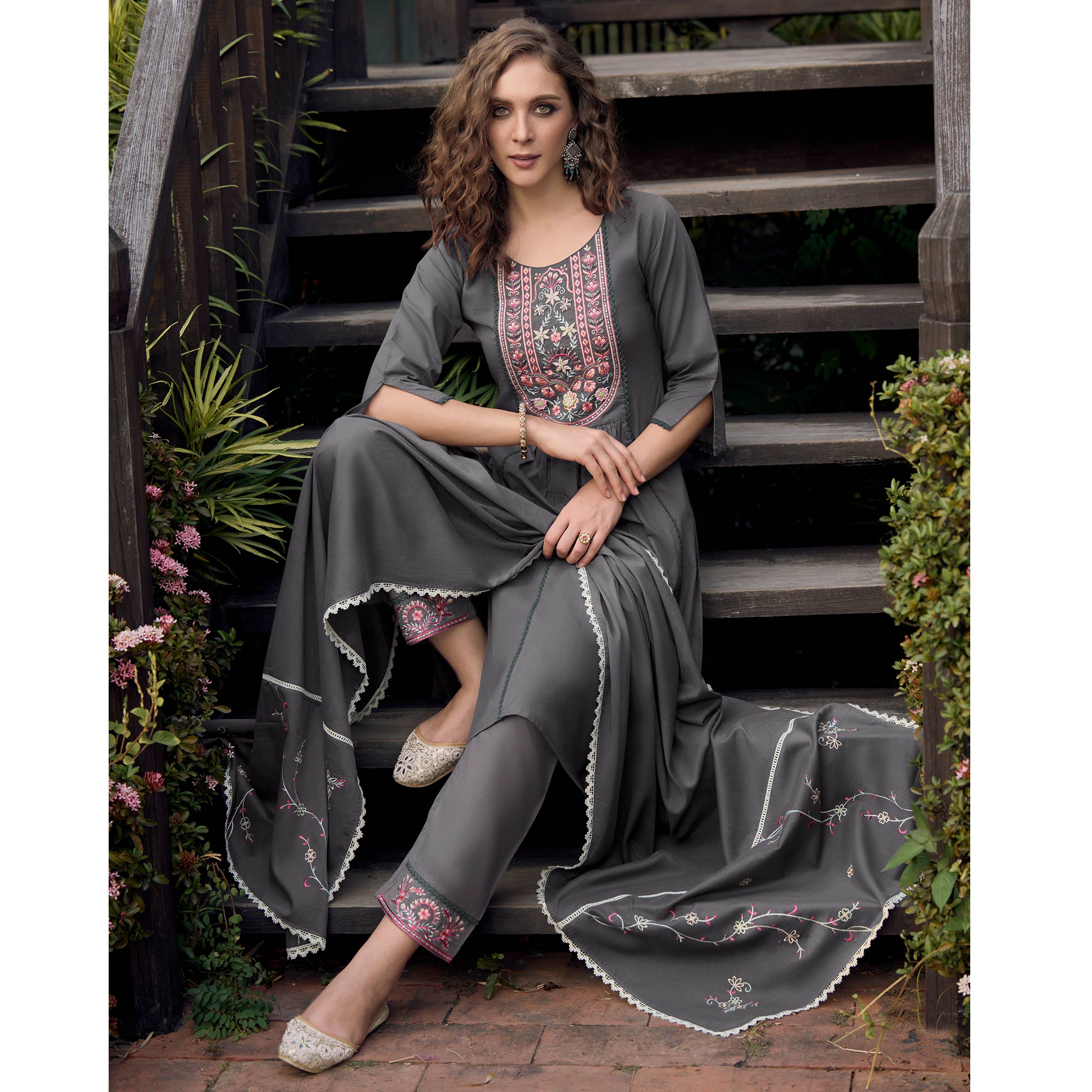 Grey Embroidered Pure Cotton Suit