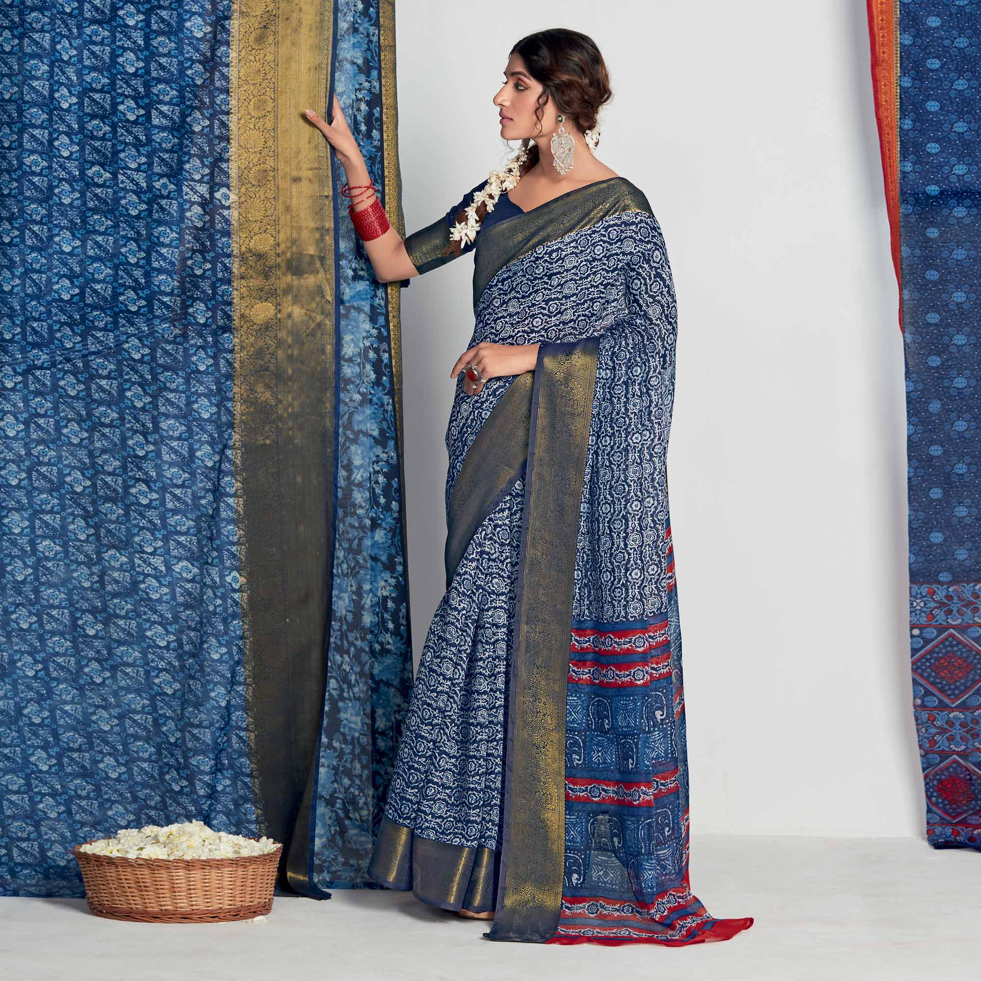 Blue Printed With Woven Border Cotton Blend Saree