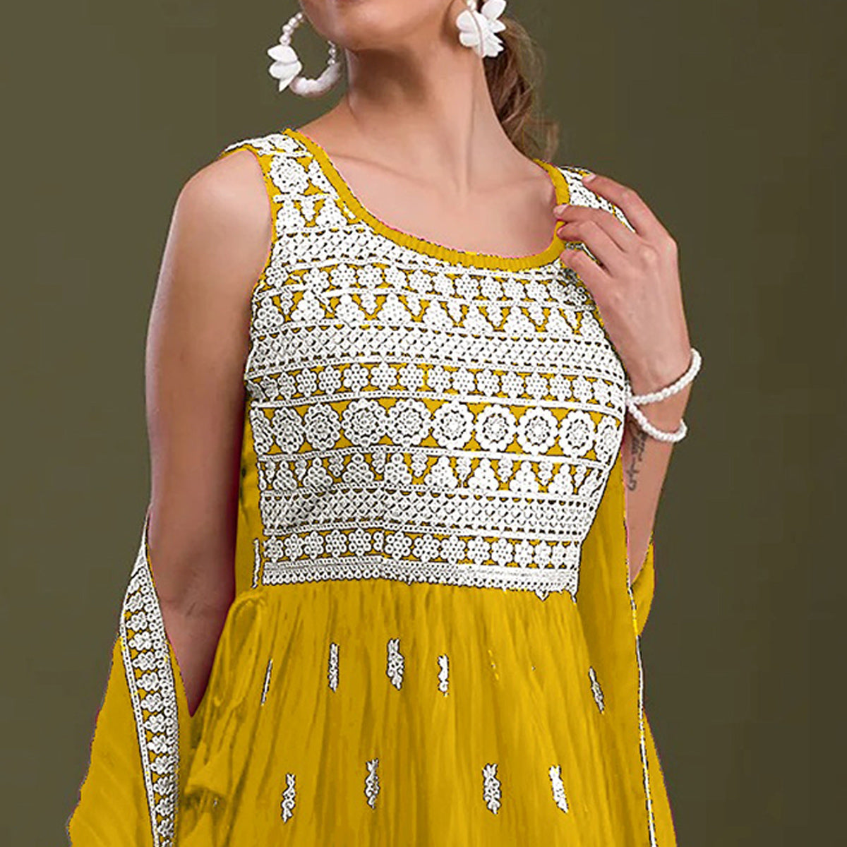 Yellow Embroidered Georgette Naira Cut Semi Stitched Palazzo Suit