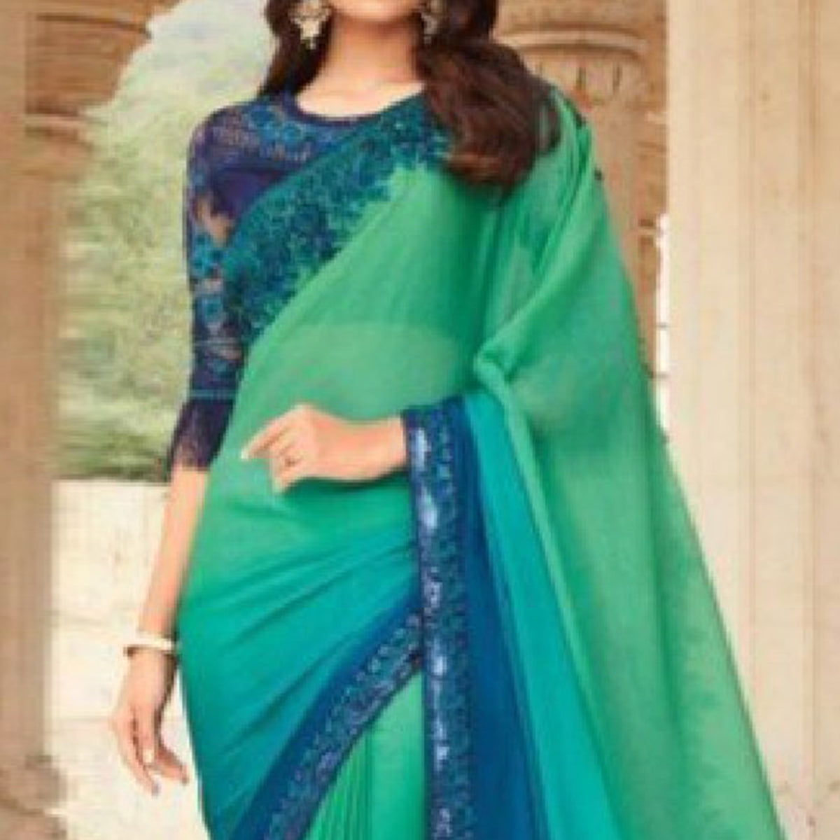 Blue & Aqua Green Embroidered Art Silk Saree