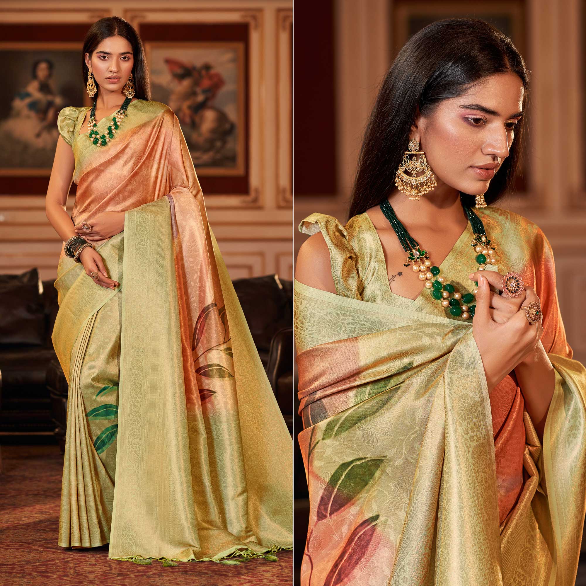 Peach & Pista Green Woven Jacquard Saree With Tassels