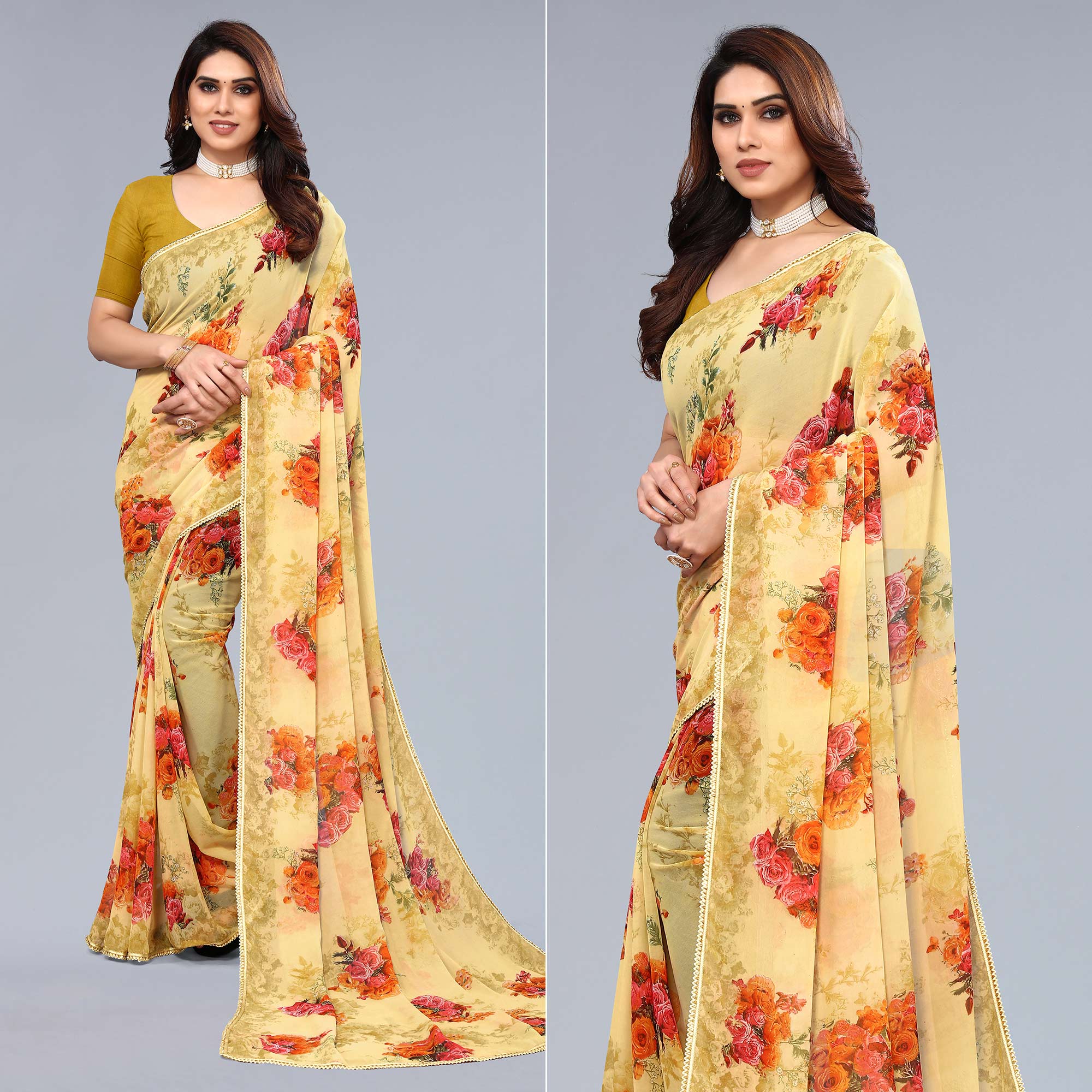 Yellow Floral Printed Georgette Saree