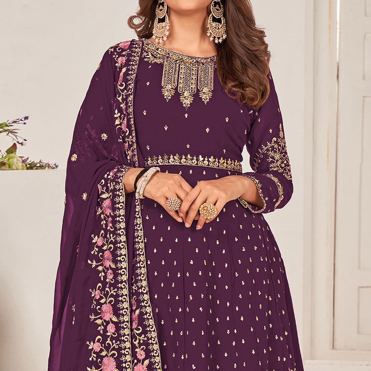 Purple Sequins Embroidered Georgette Sharara Suit