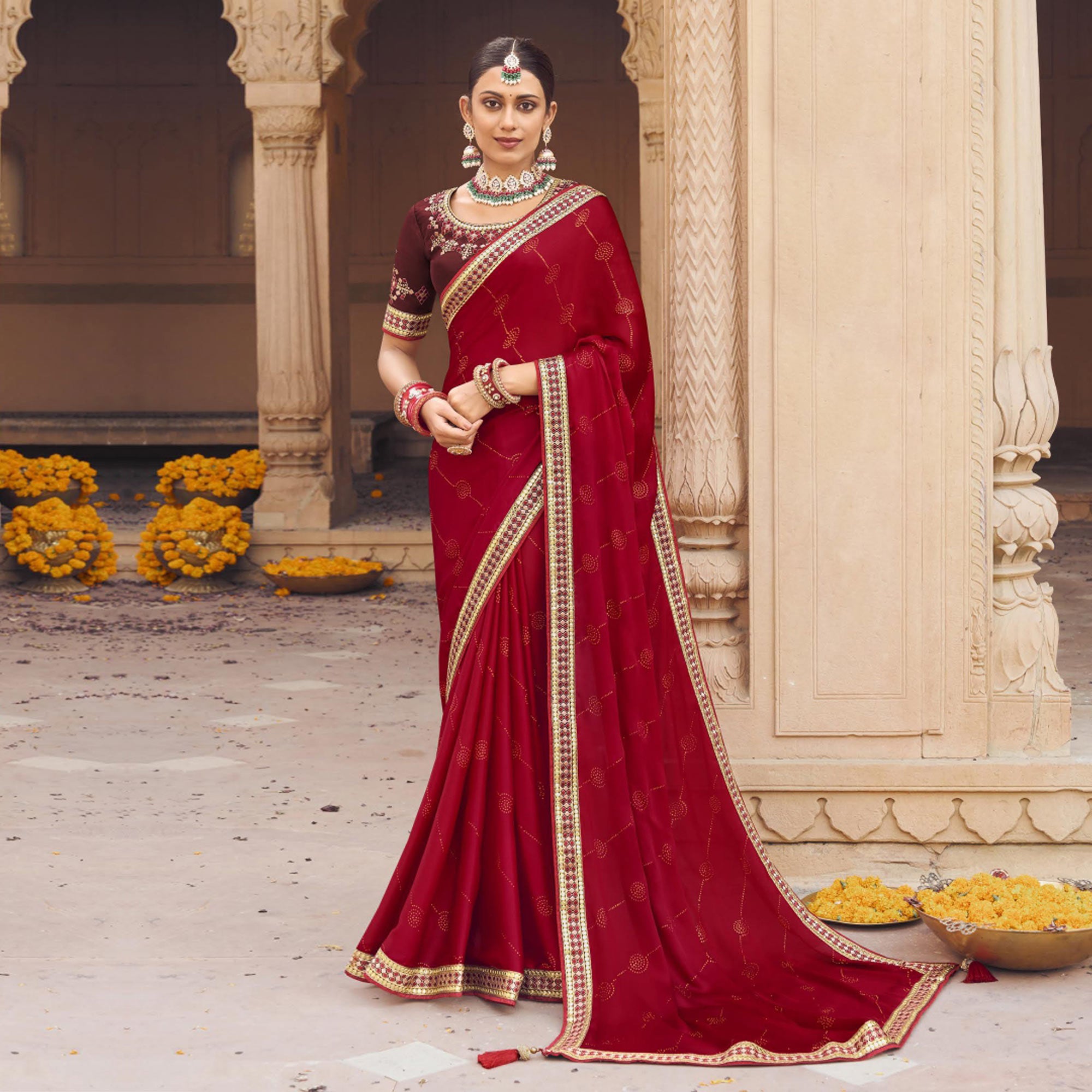 Red Embellished With Embroidered Border Satin Saree