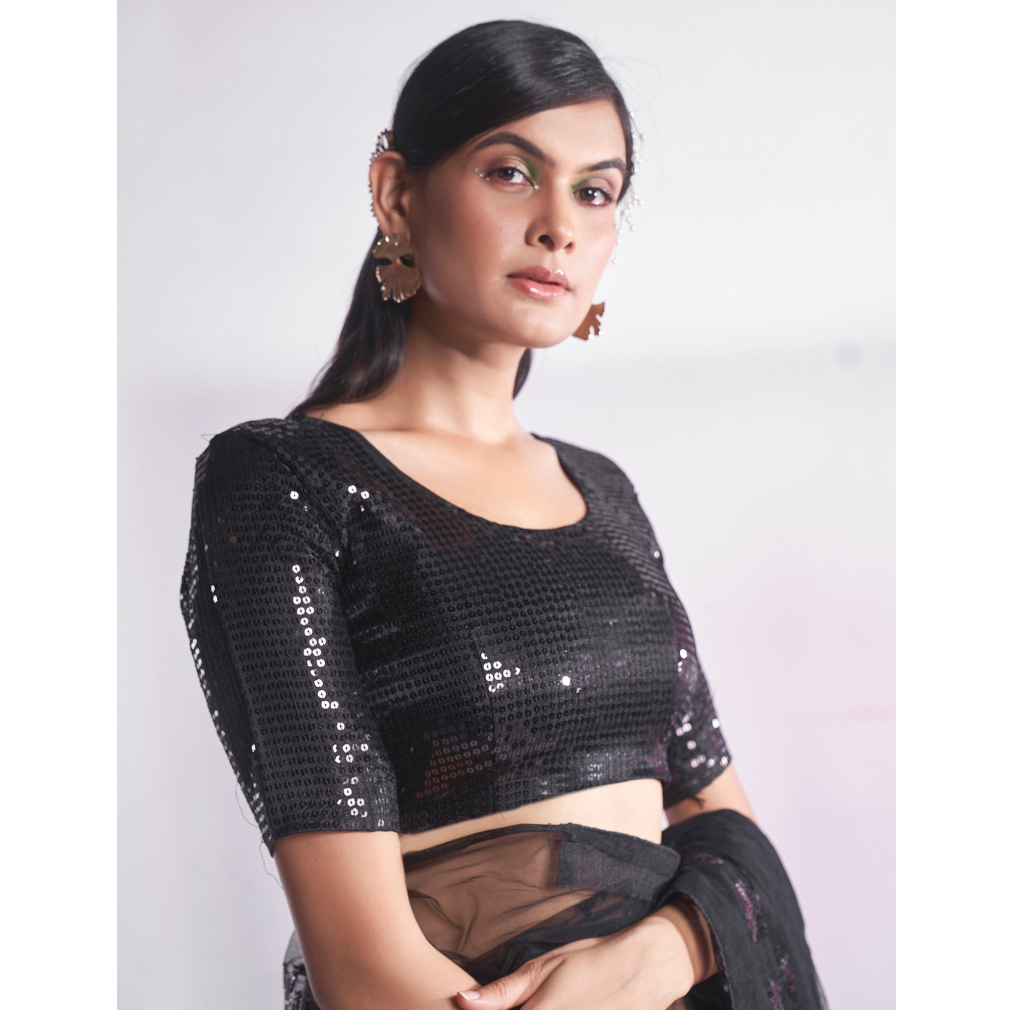 Black Floral Sequins Embroidered Soft Net Saree