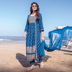 Blue Foil Printed Rayon Naira Cut Suit