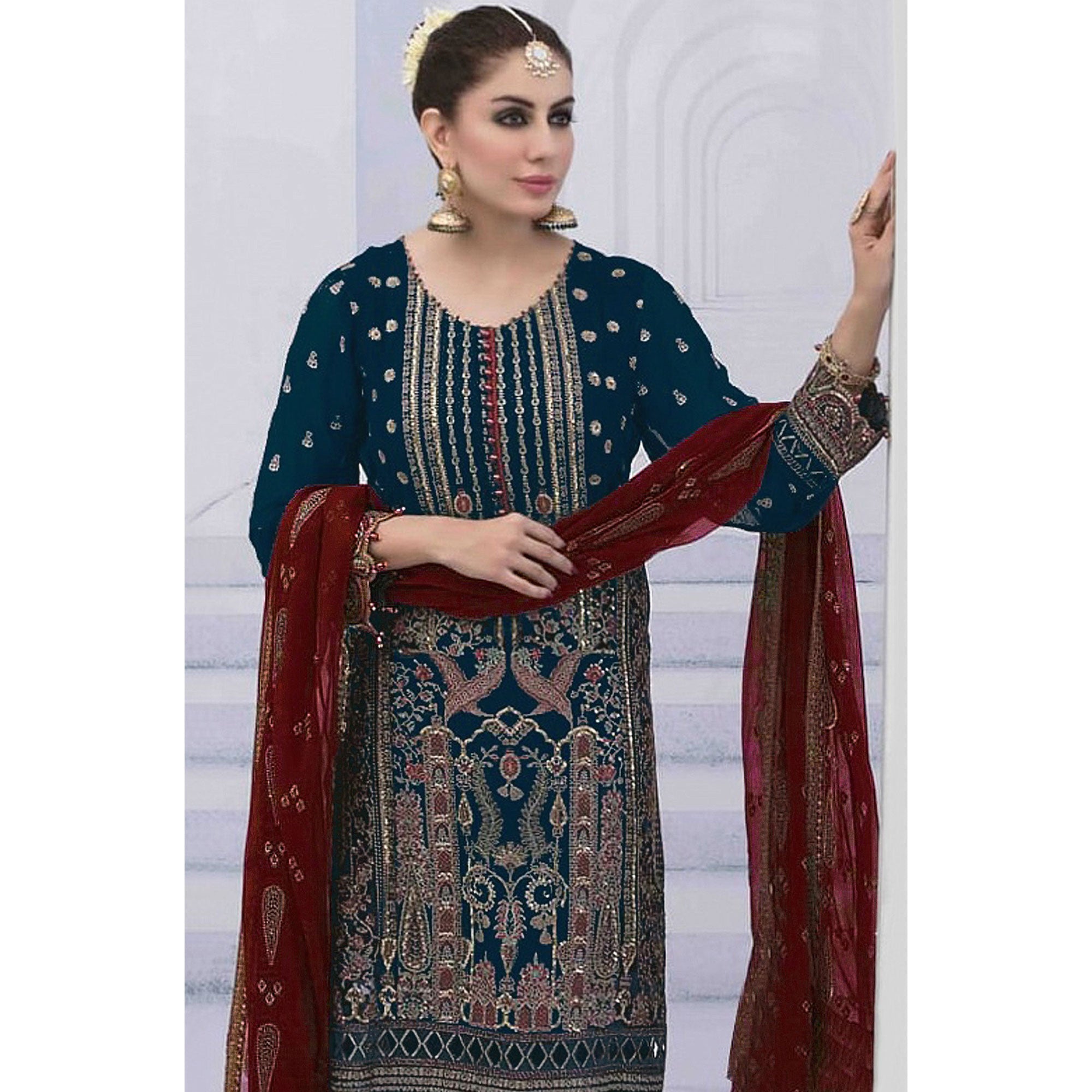 Blue Embroidered Georgette Semi Stitched Pakistani Suit