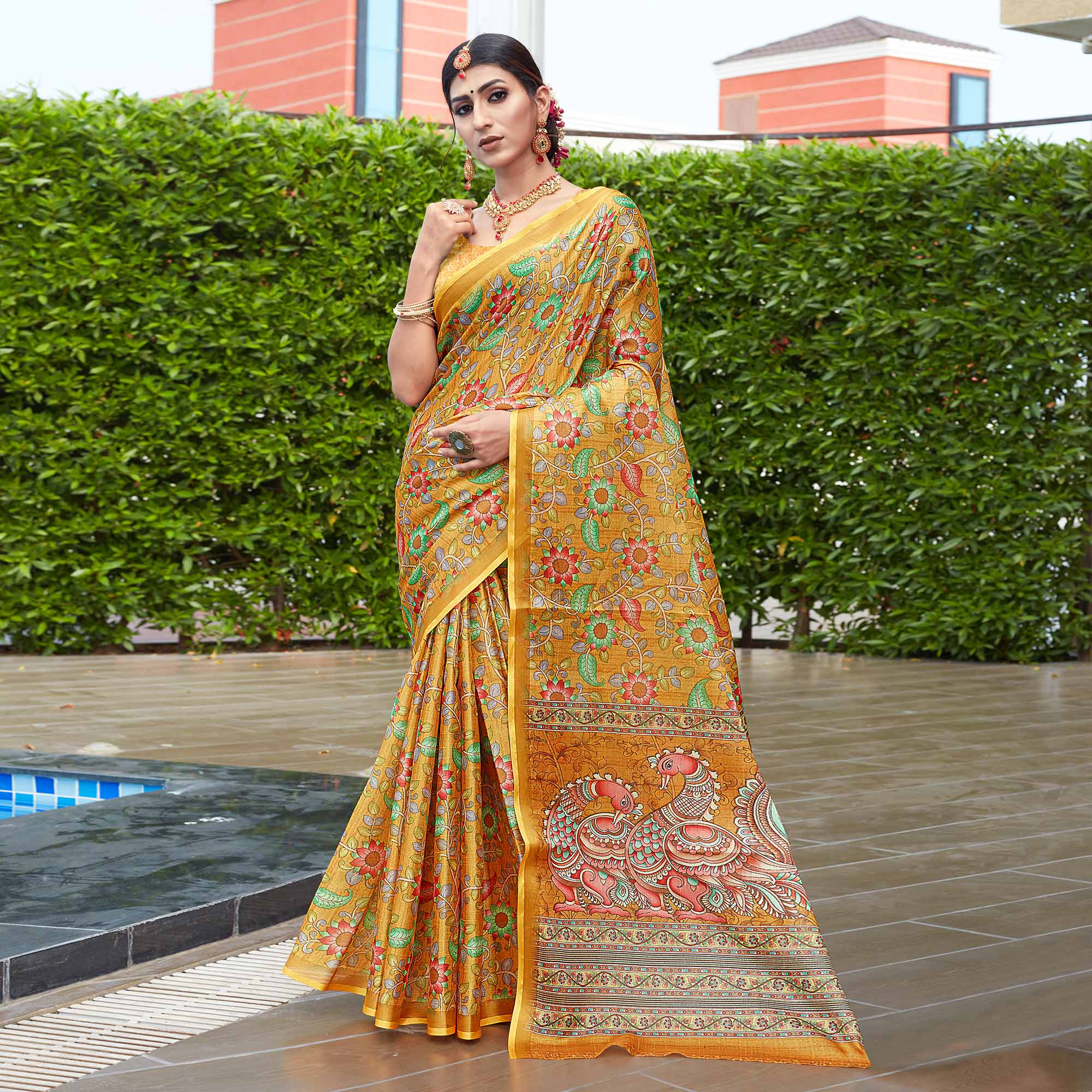 Mustard Floral Digital Printed Cotton Silk Saree