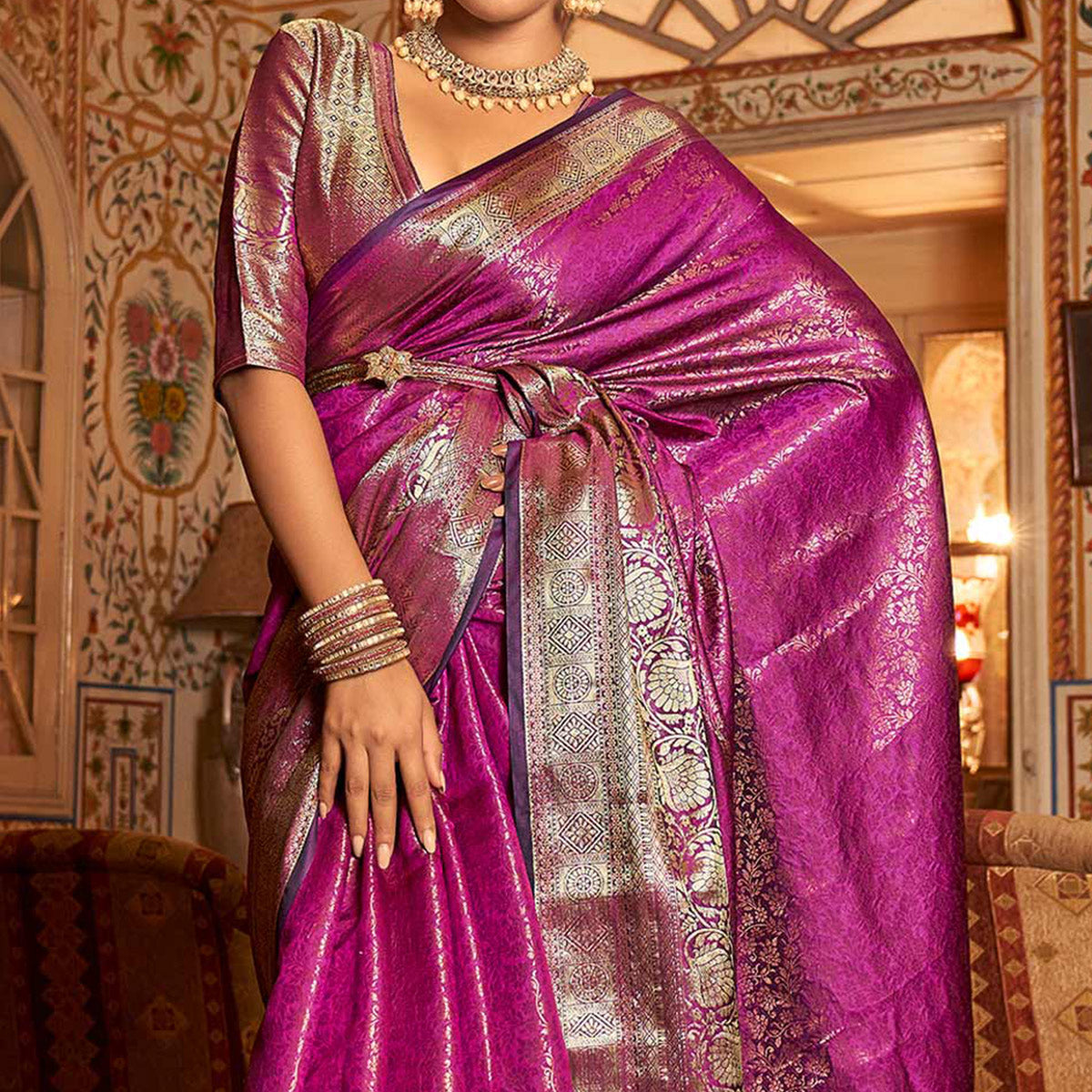 Magenta Pink Woven Kanjivaran Silk Saree