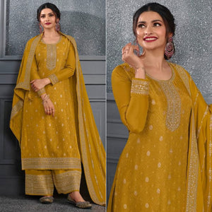Mustard Woven With Sequins Embroidered Dola Silk Palazzo Suit