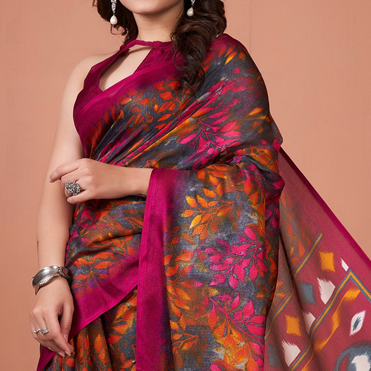 Multicolored Printed Jute Saree With Tassels