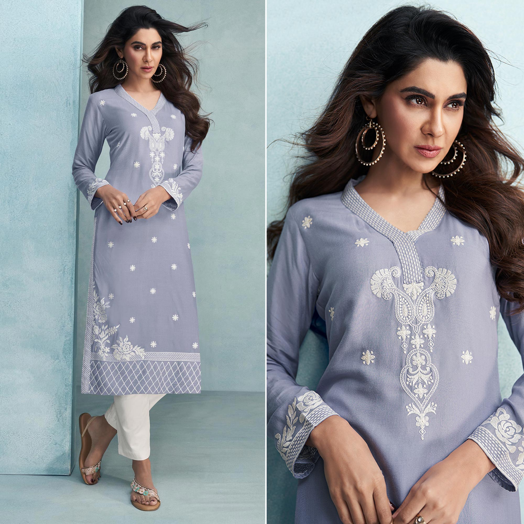 Lavender Lucknowi Embroidered Rayon Kurti