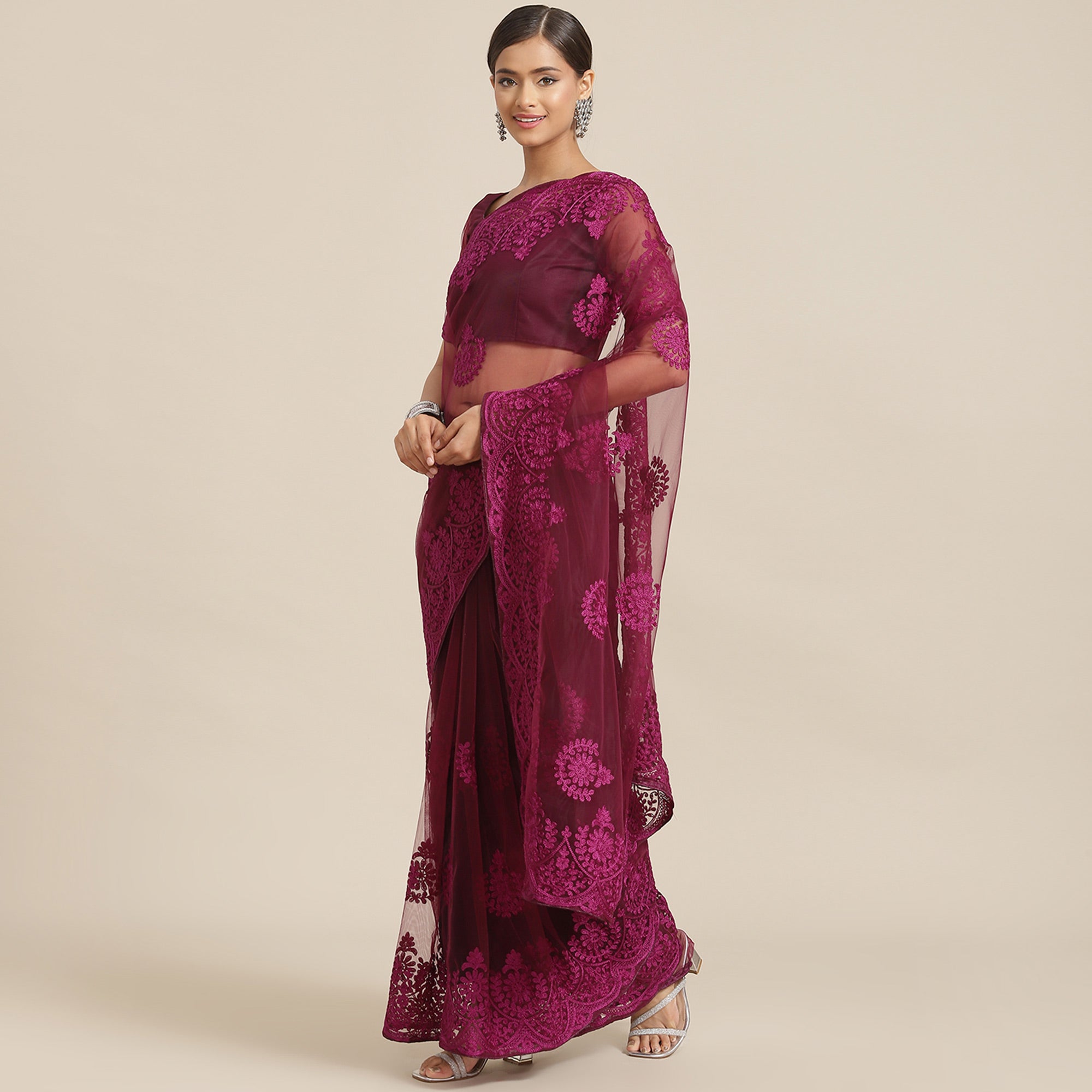 Wine Floral Embroidered Net Saree