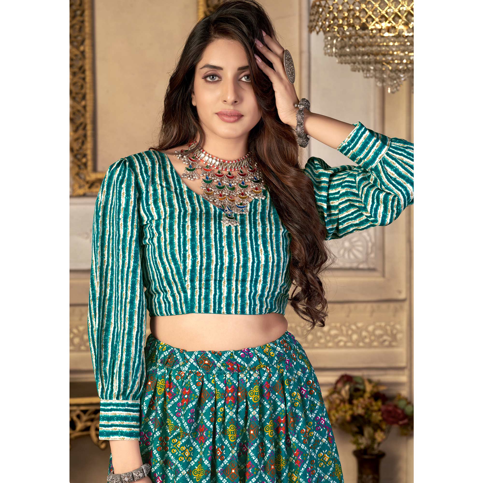 Rama Green Printed Crepe Top Skirt Set