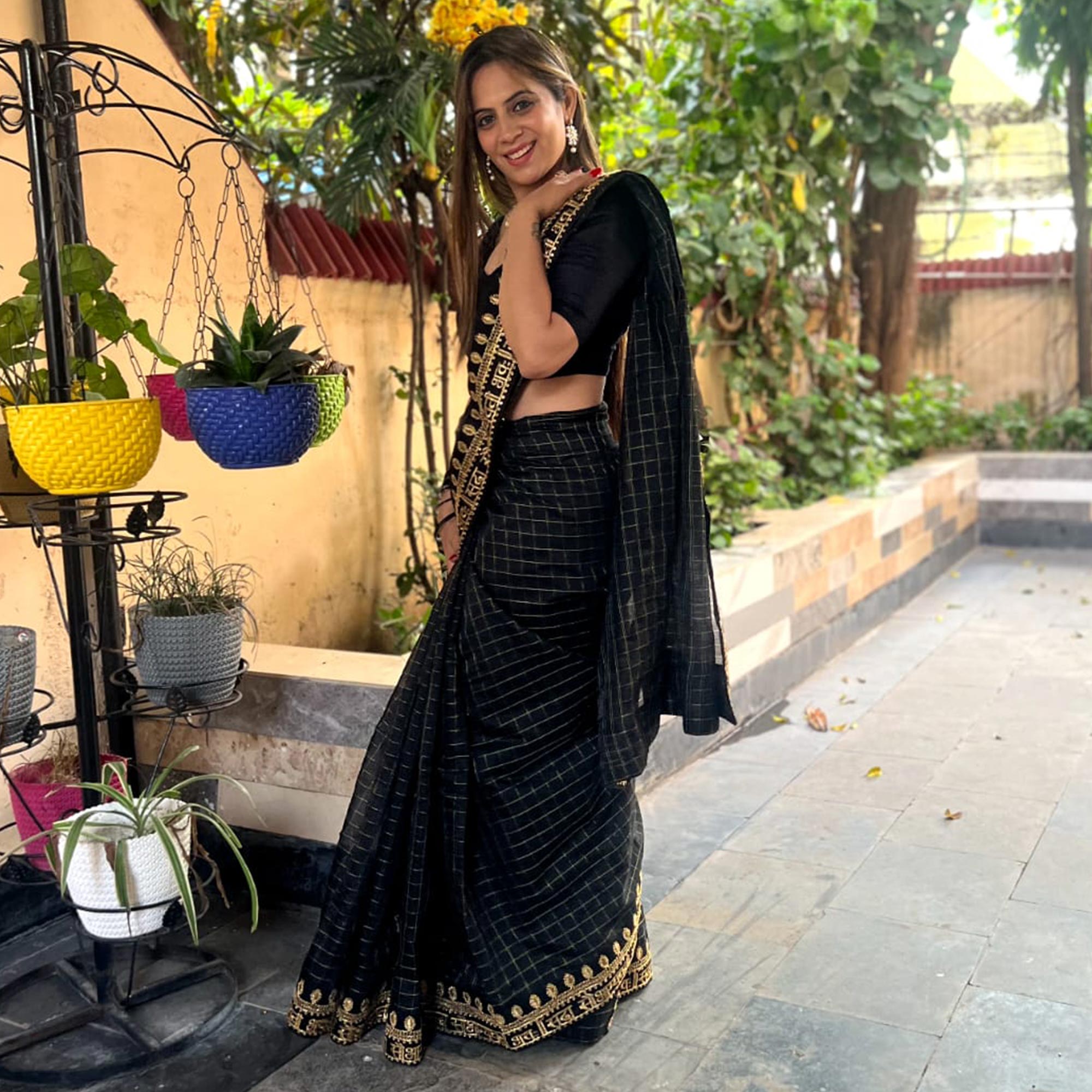 Black Checks With Embroidered Border Modal Saree