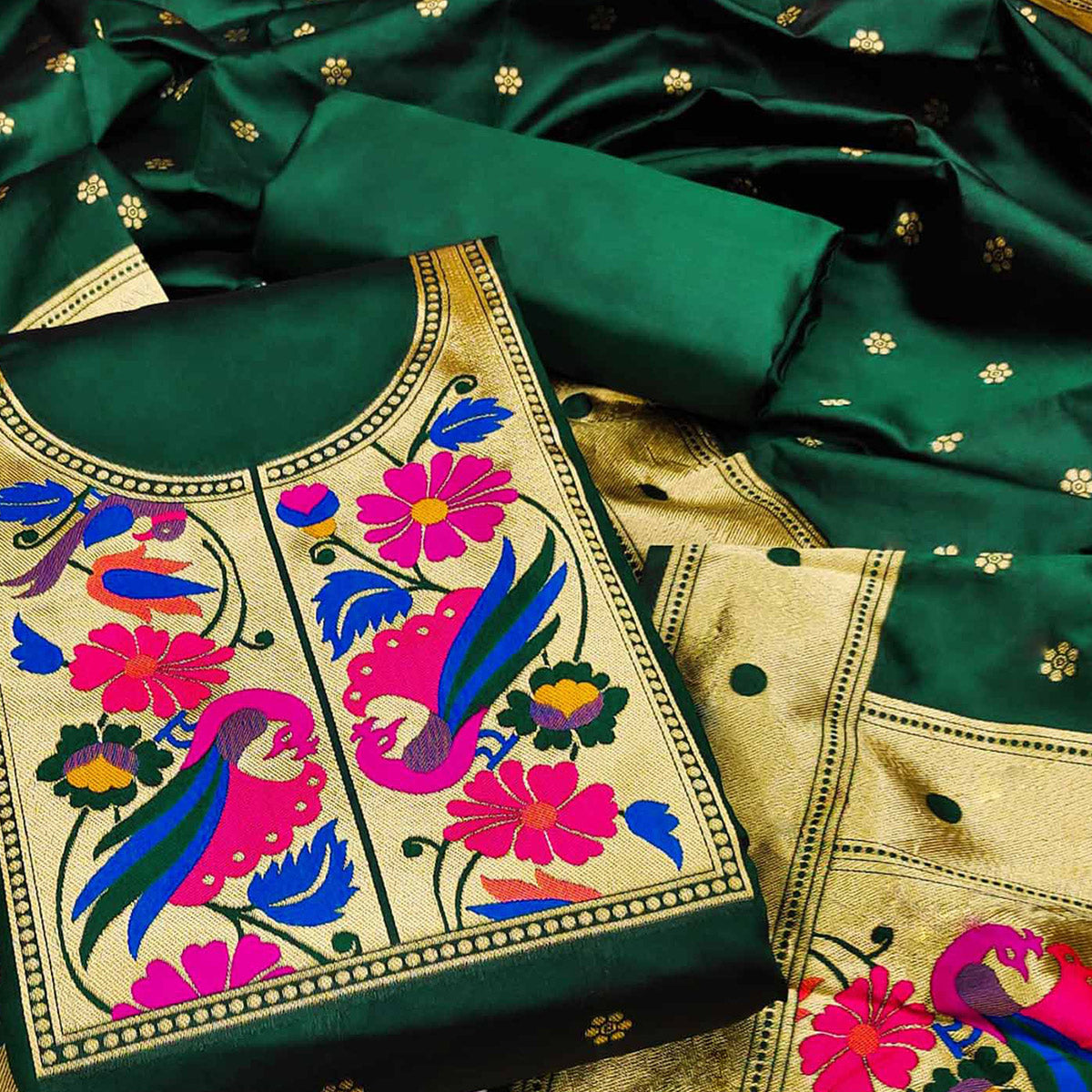 Green Woven Banarasi Silk Paithani Dress Material