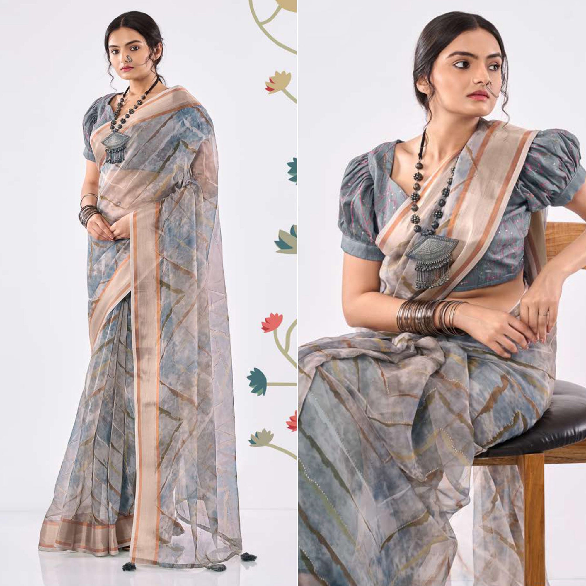 Grey Printed Organza Saree With Woven Border