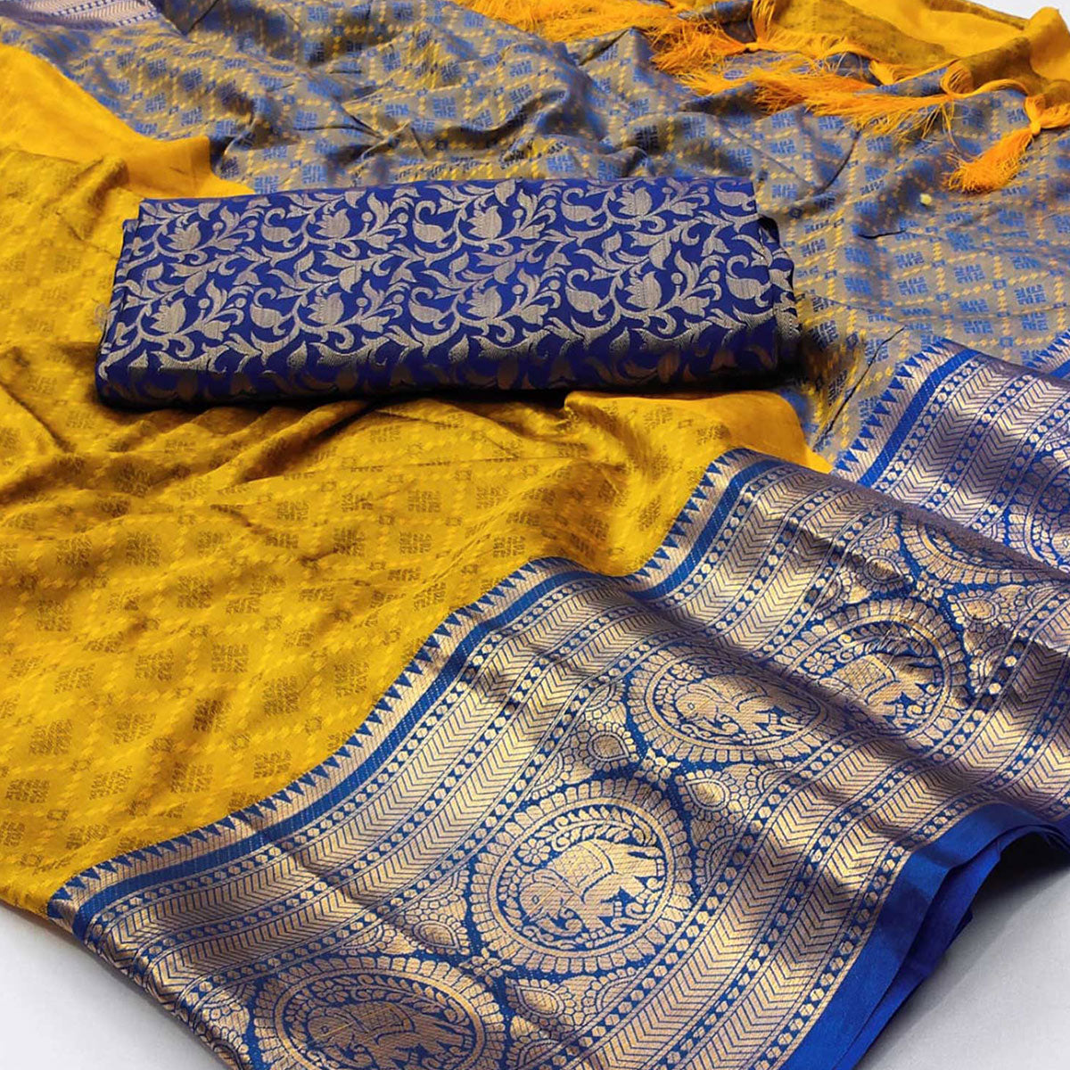 Golden Blue Woven Cotton Silk Saree With Tassels