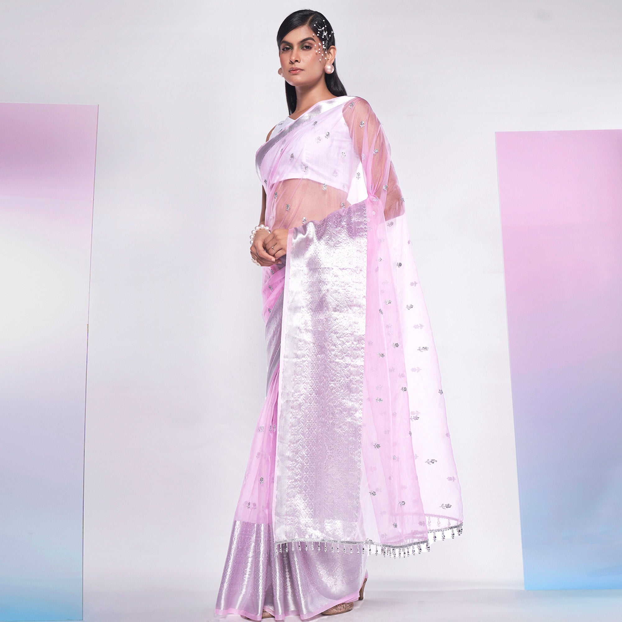 Light Pink Sequins Floral Embroidered Organza Saree