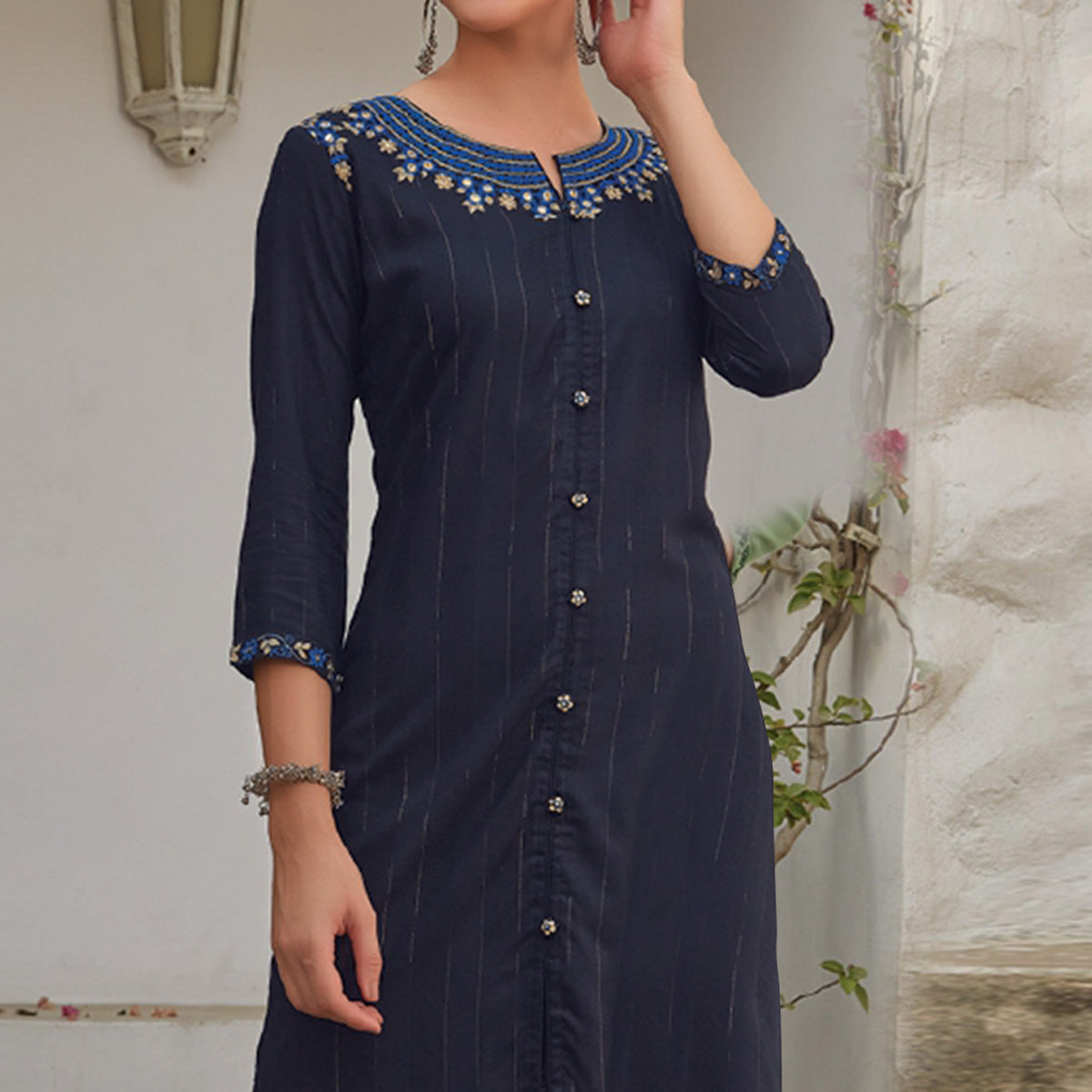 Navy Blue Floral Embroidered Cotton Blend Kurti