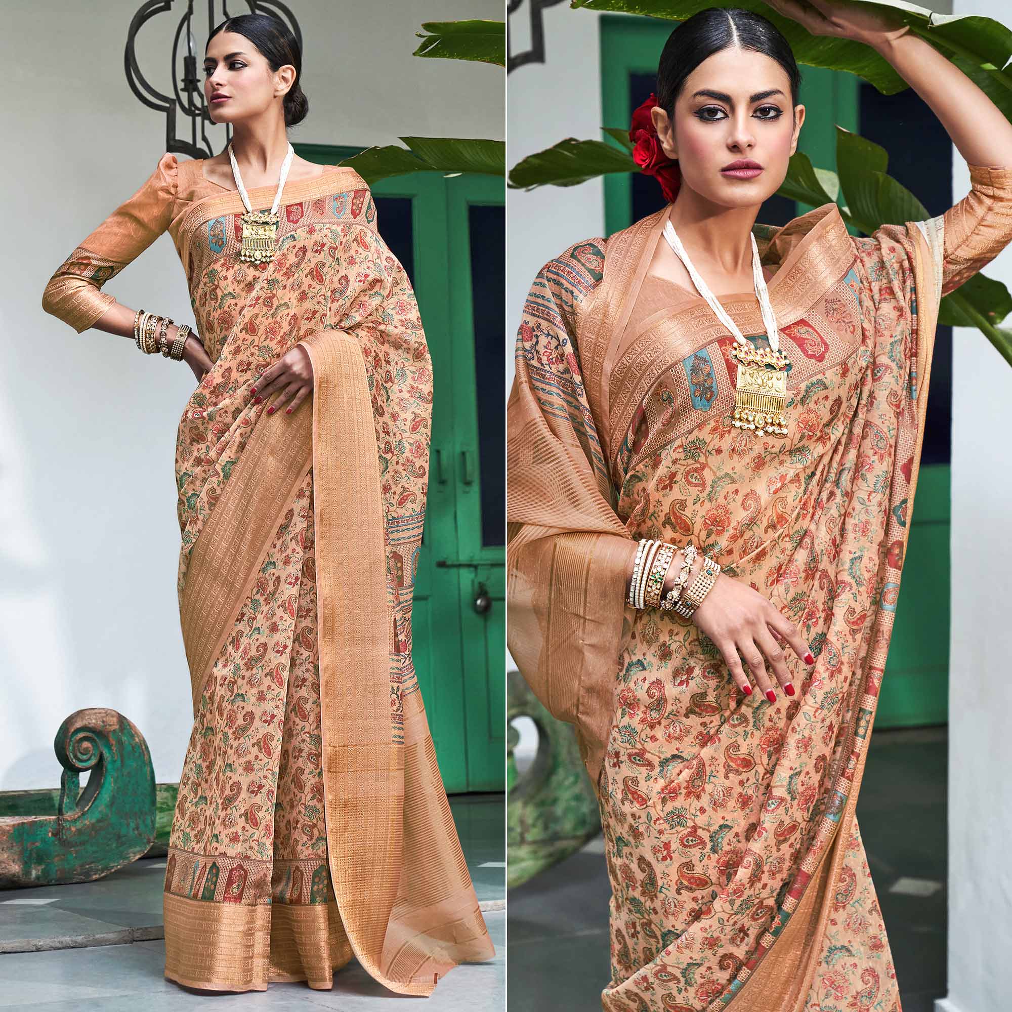 Peach Digital Printed Linen Saree