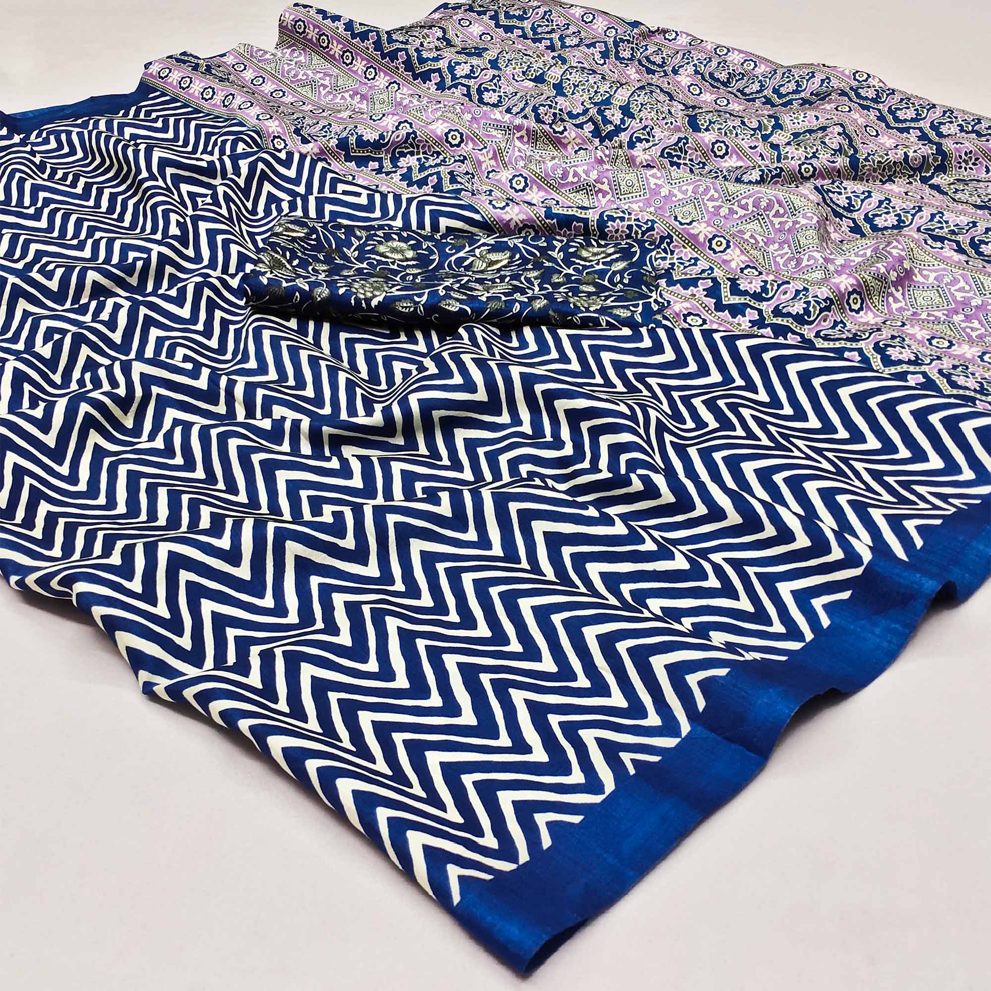 Blue Striped Printed Art Silk Saree