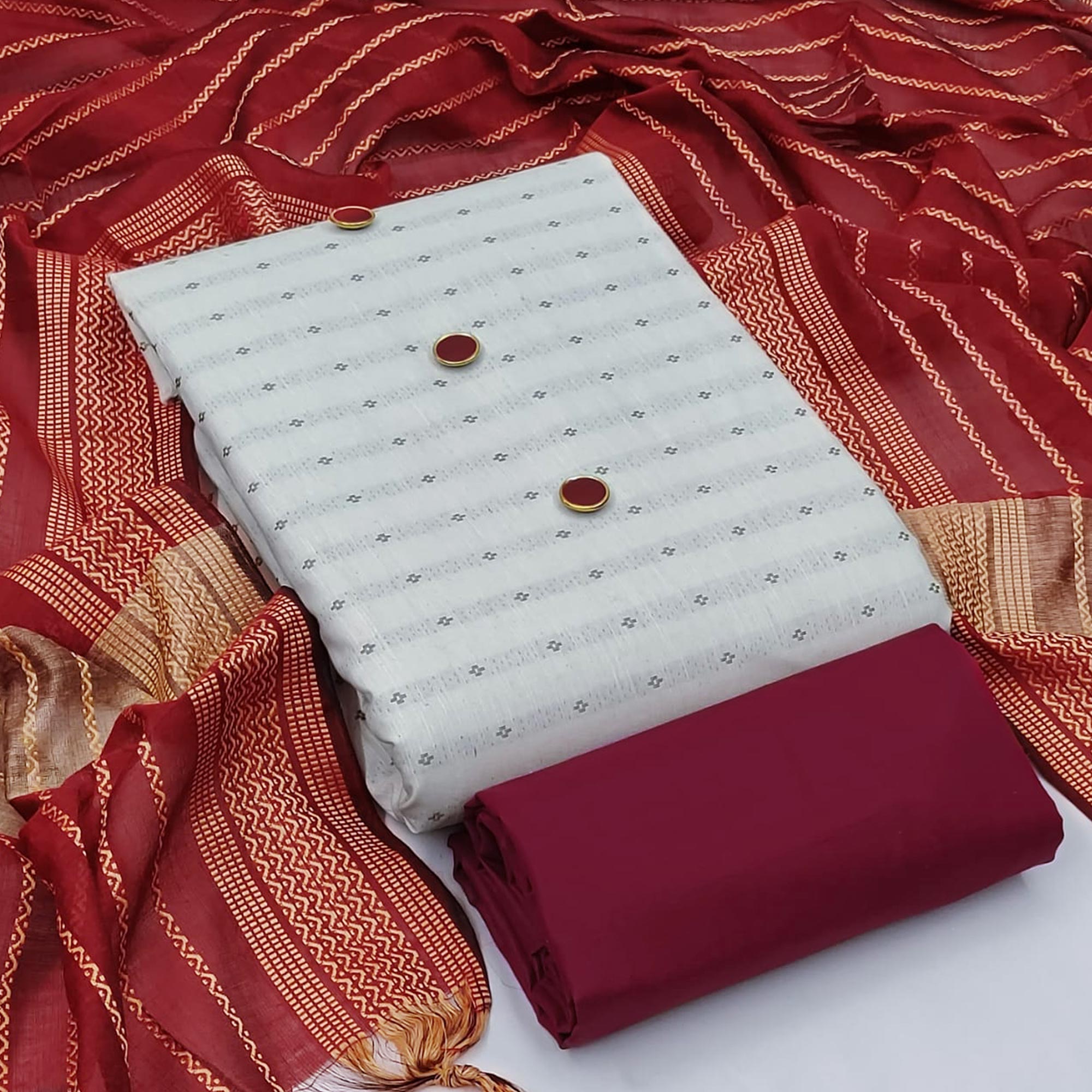 White-Maroon Woven Cotton Blend Dress Material