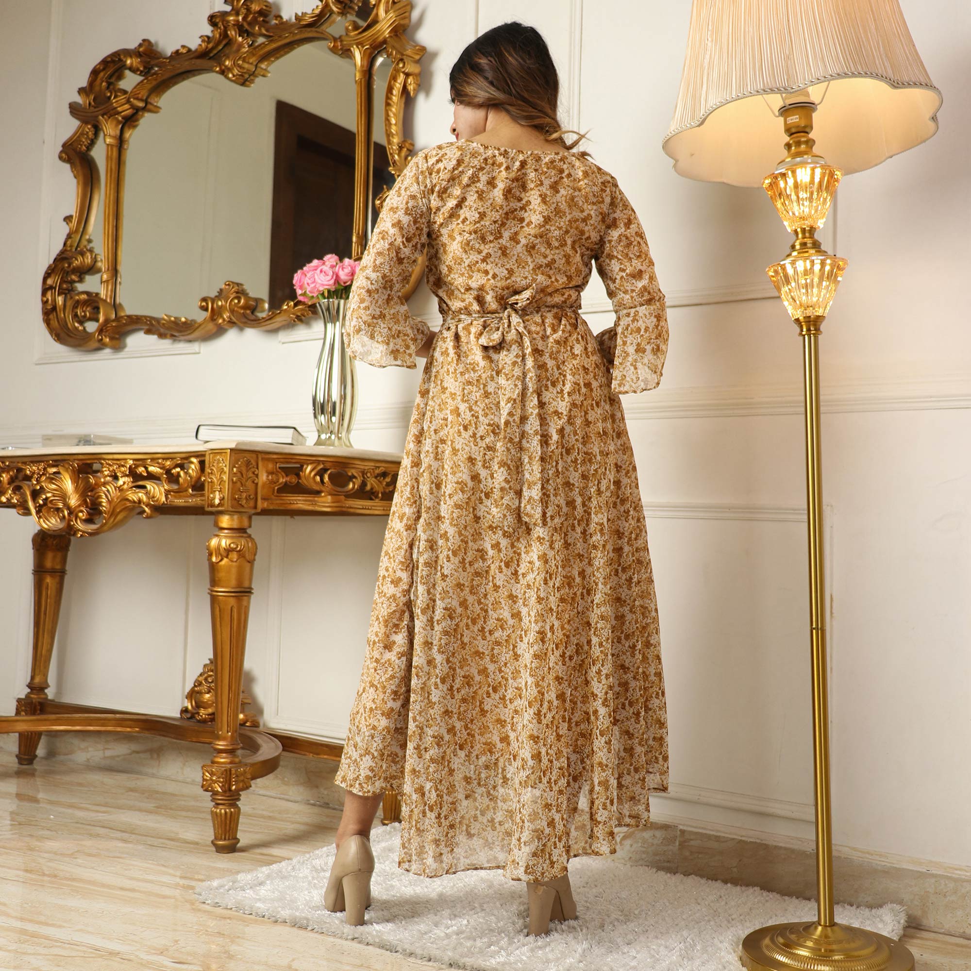 Brown Printed Georgette Dress