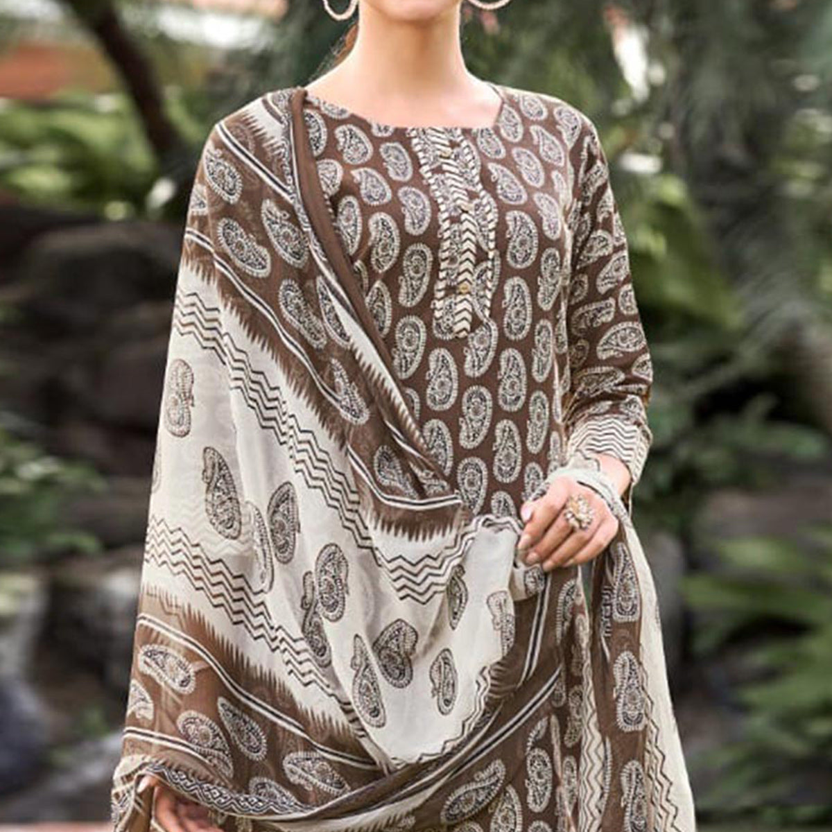 Brown Floral Printed Cotton Blend Suit