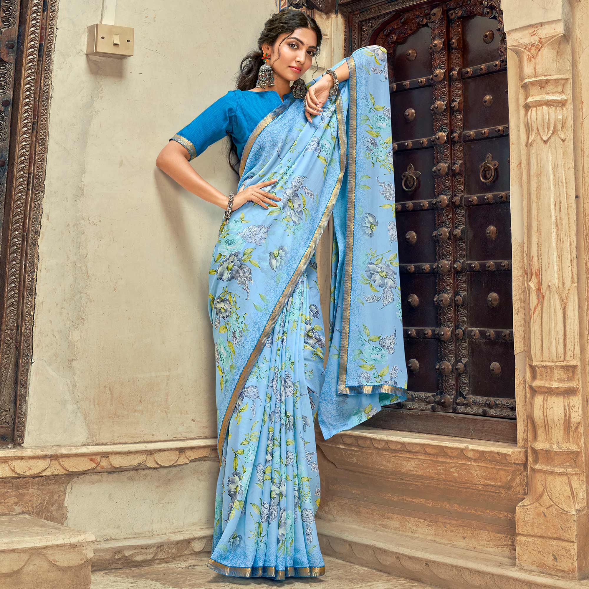 Sky Blue Floral Printed Chiffon Saree