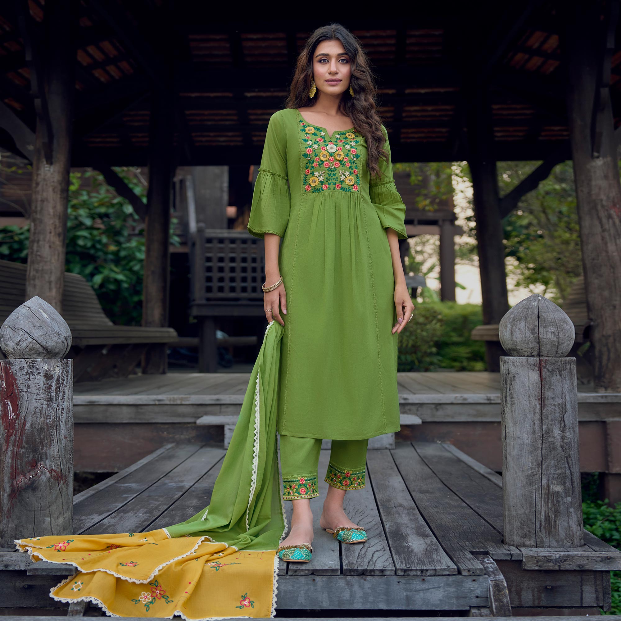 Green Embroidered Pure Cotton Suit