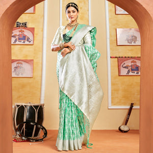 Green Woven Cotton Silk Saree With Tassels